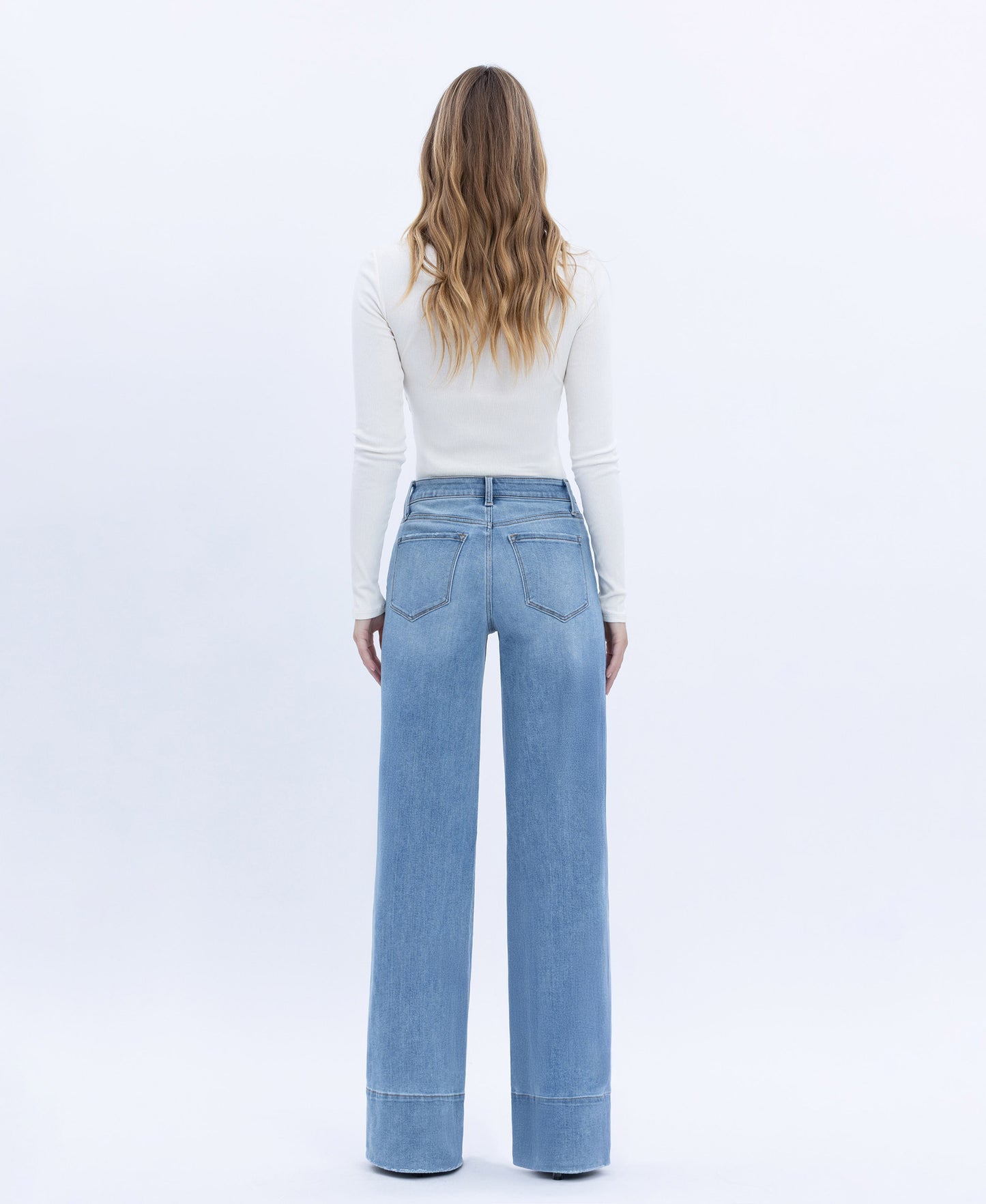 Back product images of Legitimate - High Rise Raw Hem A-Line Wide Leg Jeans