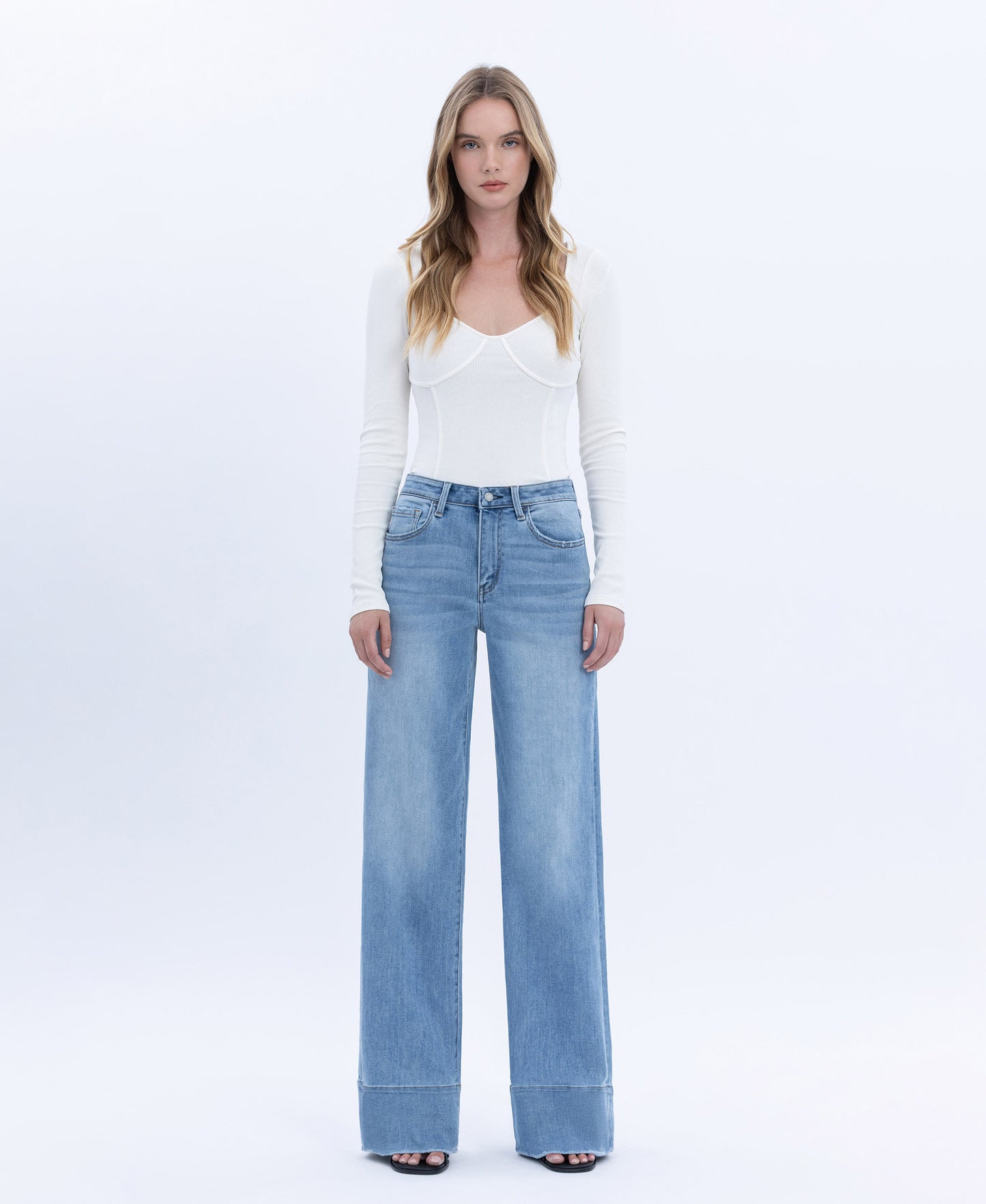 Front product images of Legitimate - High Rise Raw Hem A-Line Wide Leg Jeans