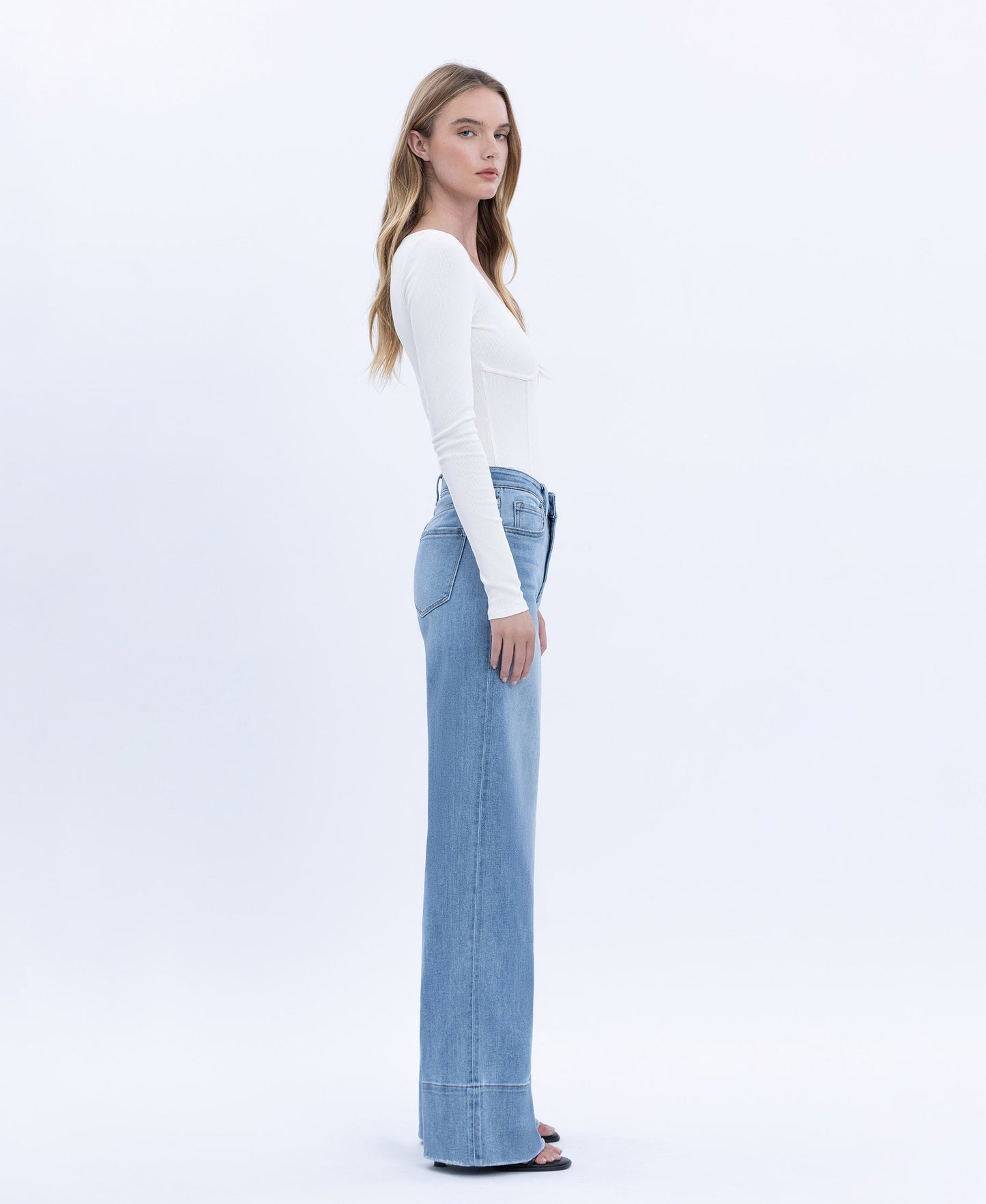 Right side product images of Legitimate - High Rise Raw Hem A-Line Wide Leg Jeans