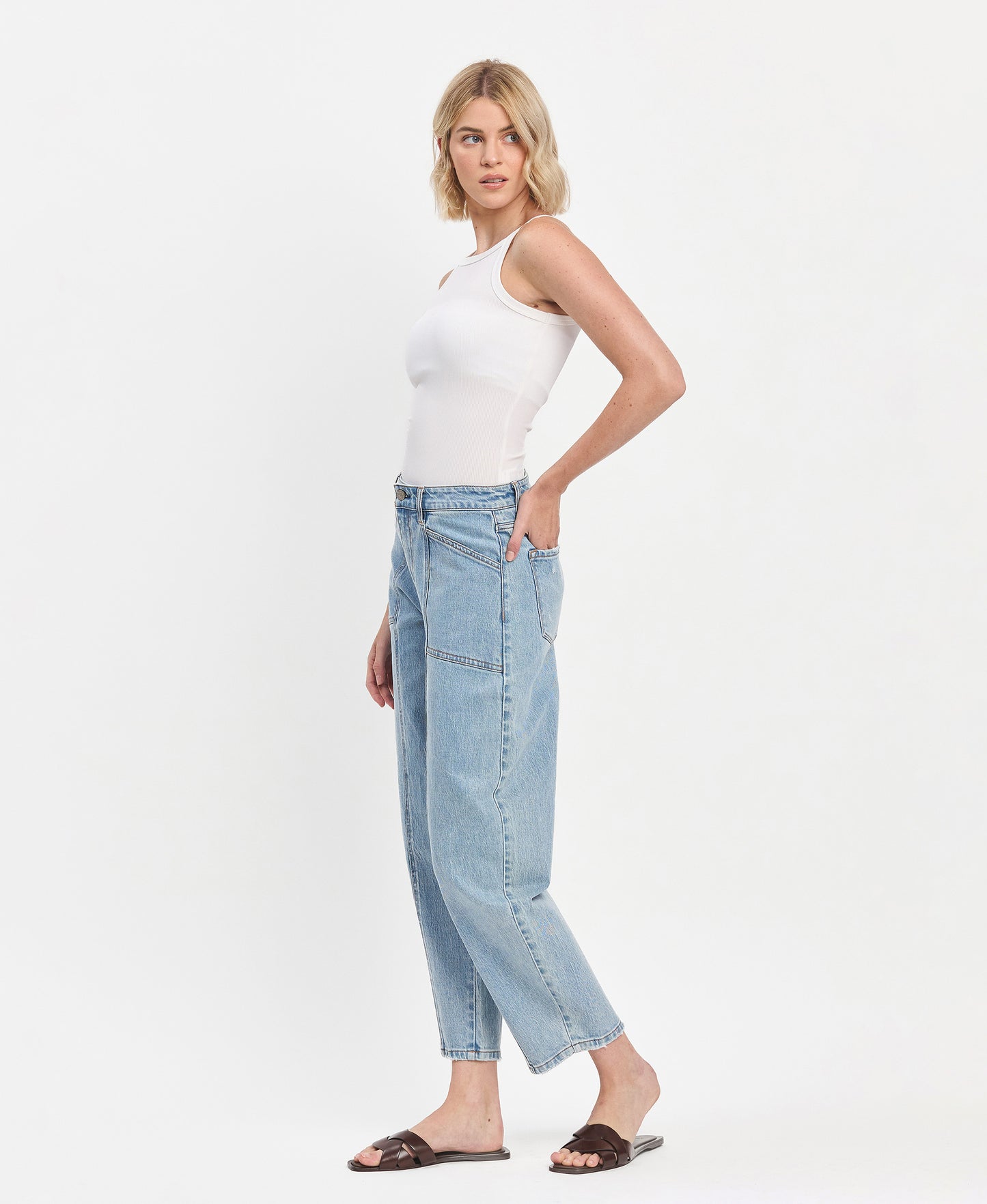 Left 45 degrees product image of Dexterously - Super High Rise Panel Detail Barrel Jeans