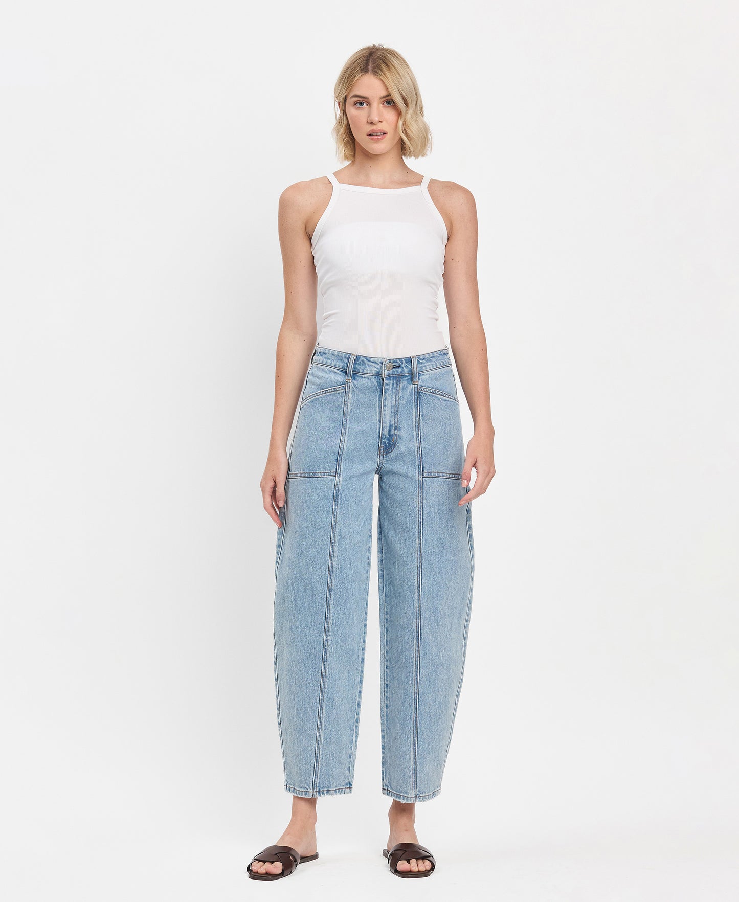 Front product images of Dexterously - Super High Rise Panel Detail Barrel Jeans