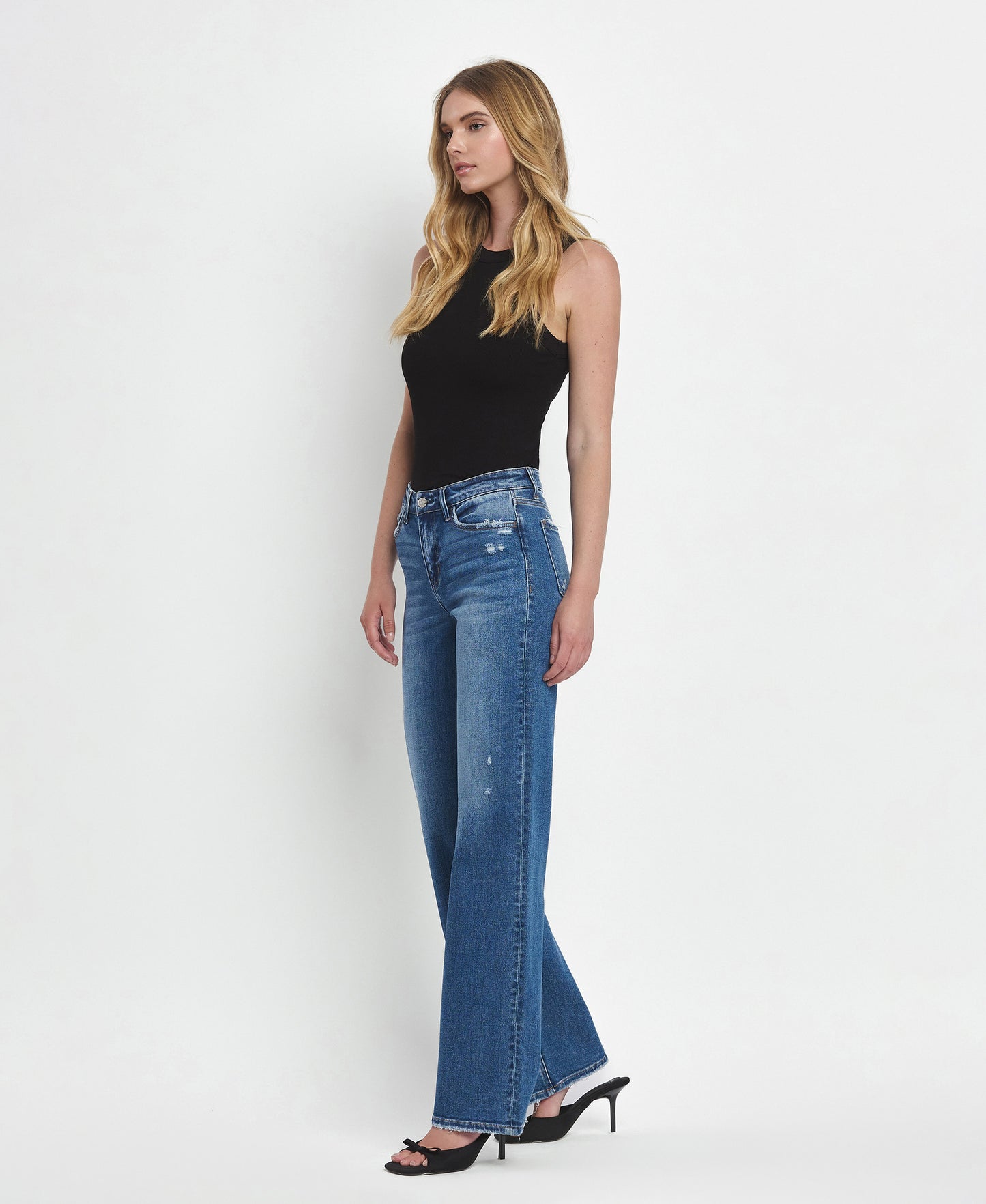 Left 45 degrees product image of Secure - Mid Rise Full Length Wide Leg Jeans