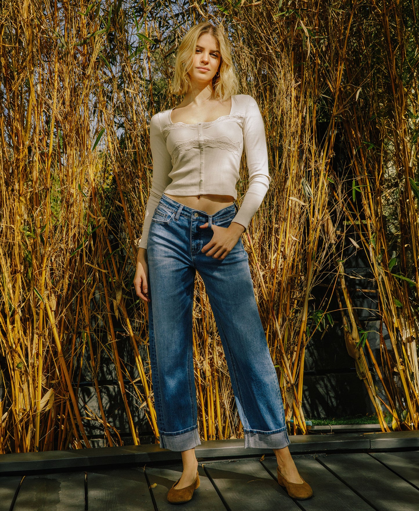 editorial image of Lullaby - High Rise Cuffed Barrel Jeans