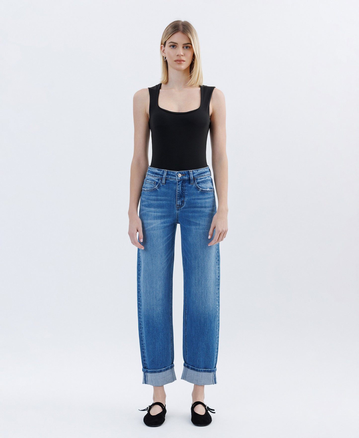Front product images of Lullaby - High Rise Cuffed Barrel Jeans