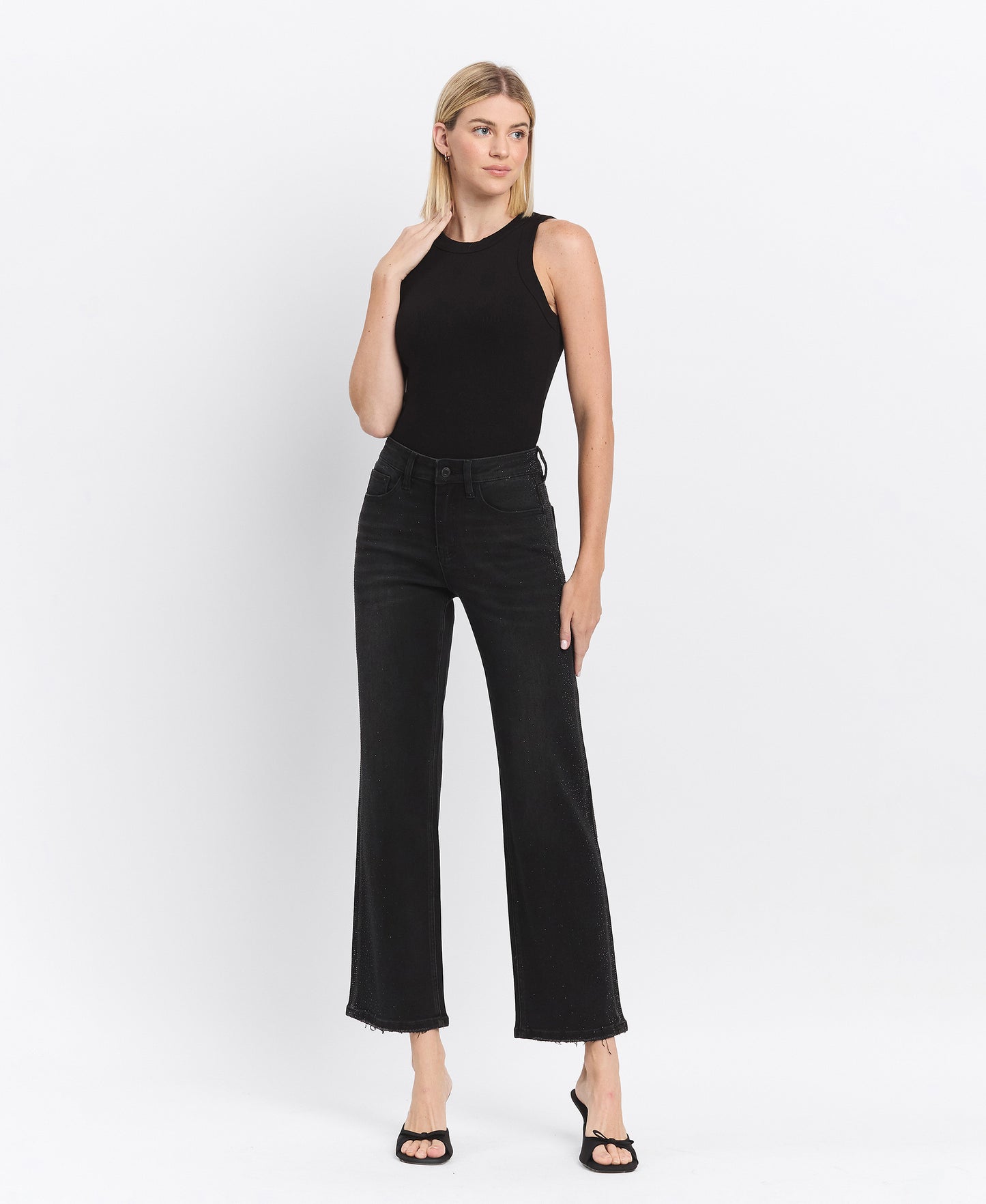 Right 45 degrees product image of Openness - High Rise Rhinestone Slim Wide Leg Jeans