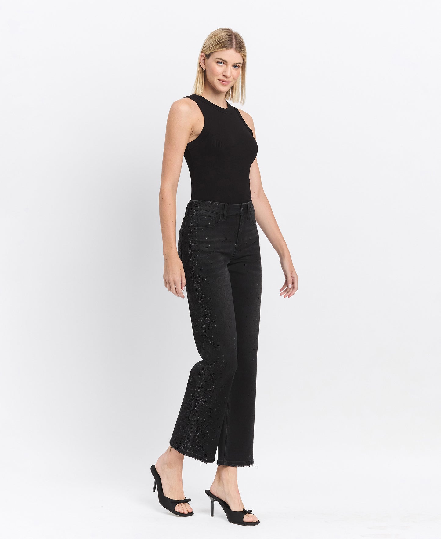 Right 45 degrees product image of Openness - High Rise Rhinestone Slim Wide Leg Jeans