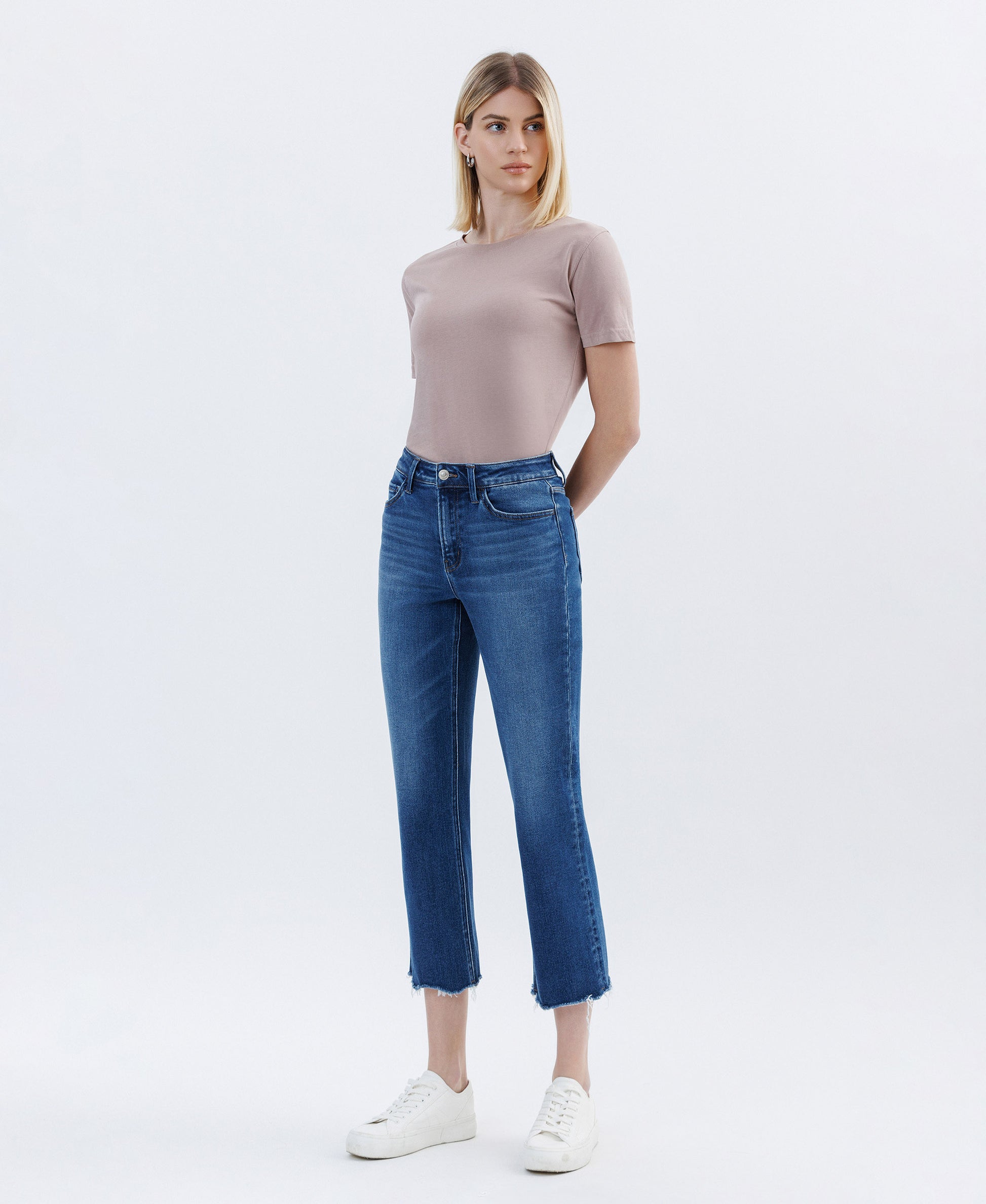 Left 45 degrees product image of Love So True - High Rise Uneven Raw Hem Crop Straight Jeans