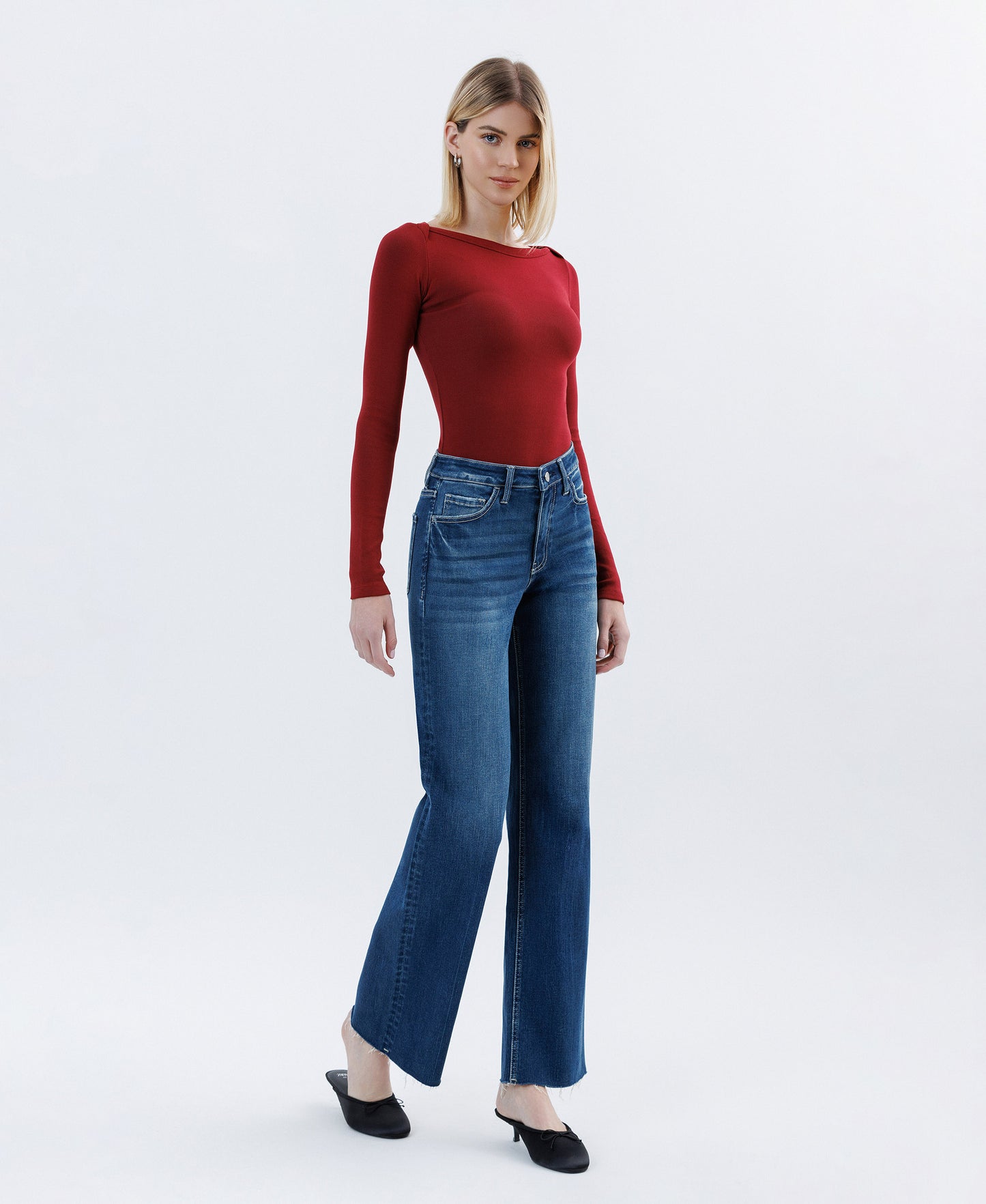Auburn - High Rise Raw Hem Slim Wide Leg Jeans