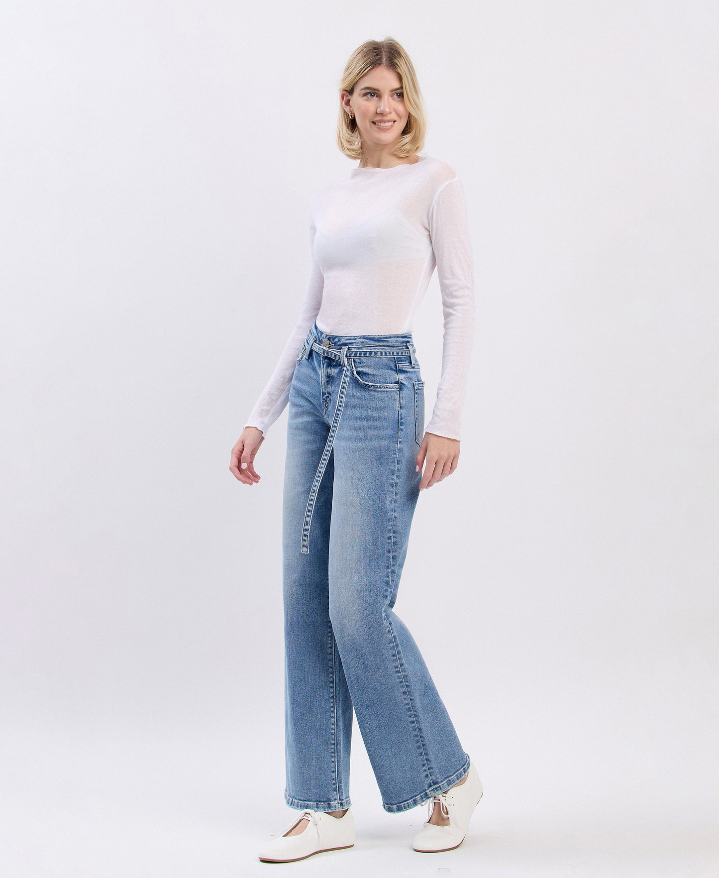 Left 45 degrees product image of Lucid - High Rise Self Belt Wide Leg Jeans