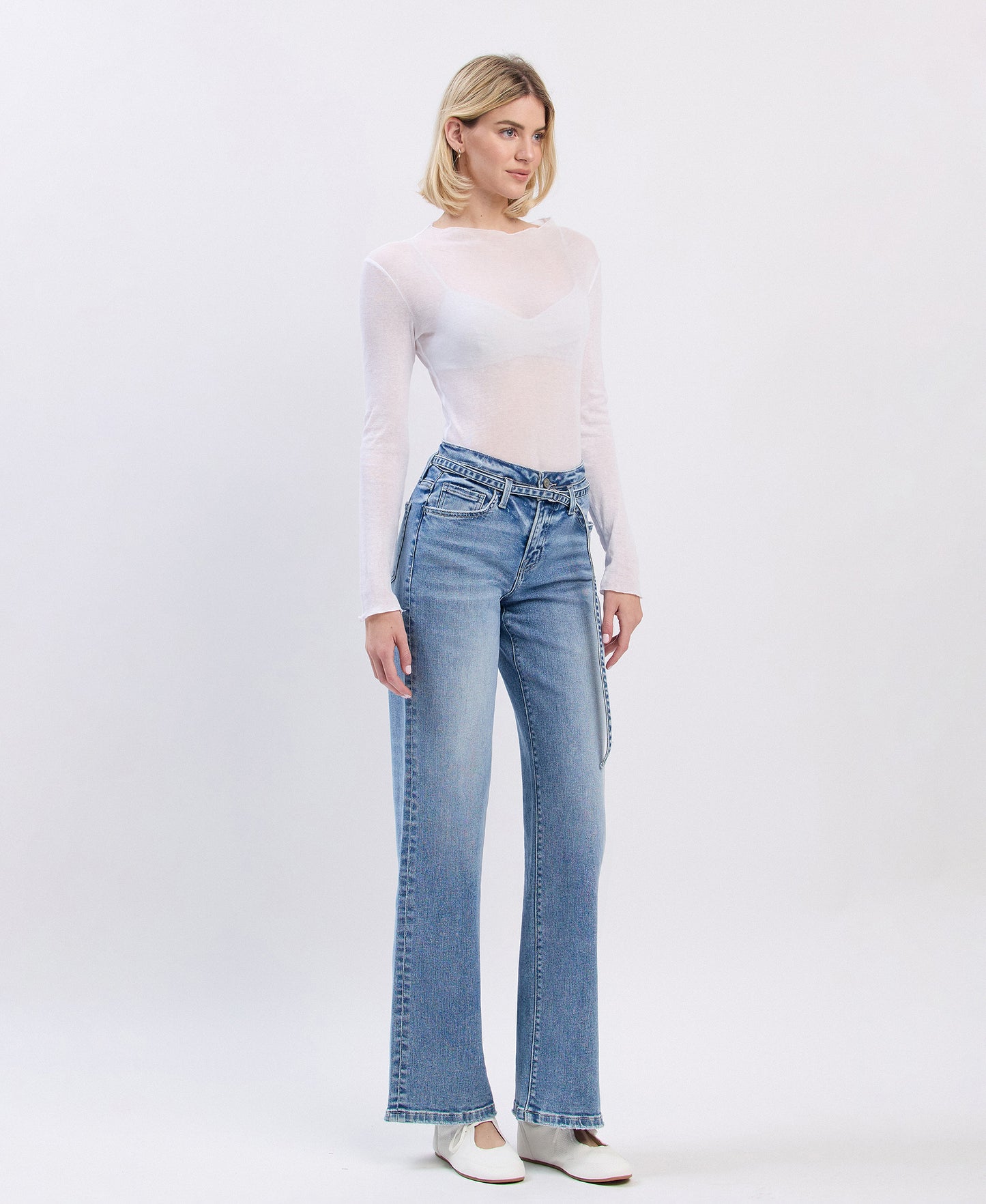 Right 45 degrees product image of Lucid - High Rise Self Belt Wide Leg Jeans