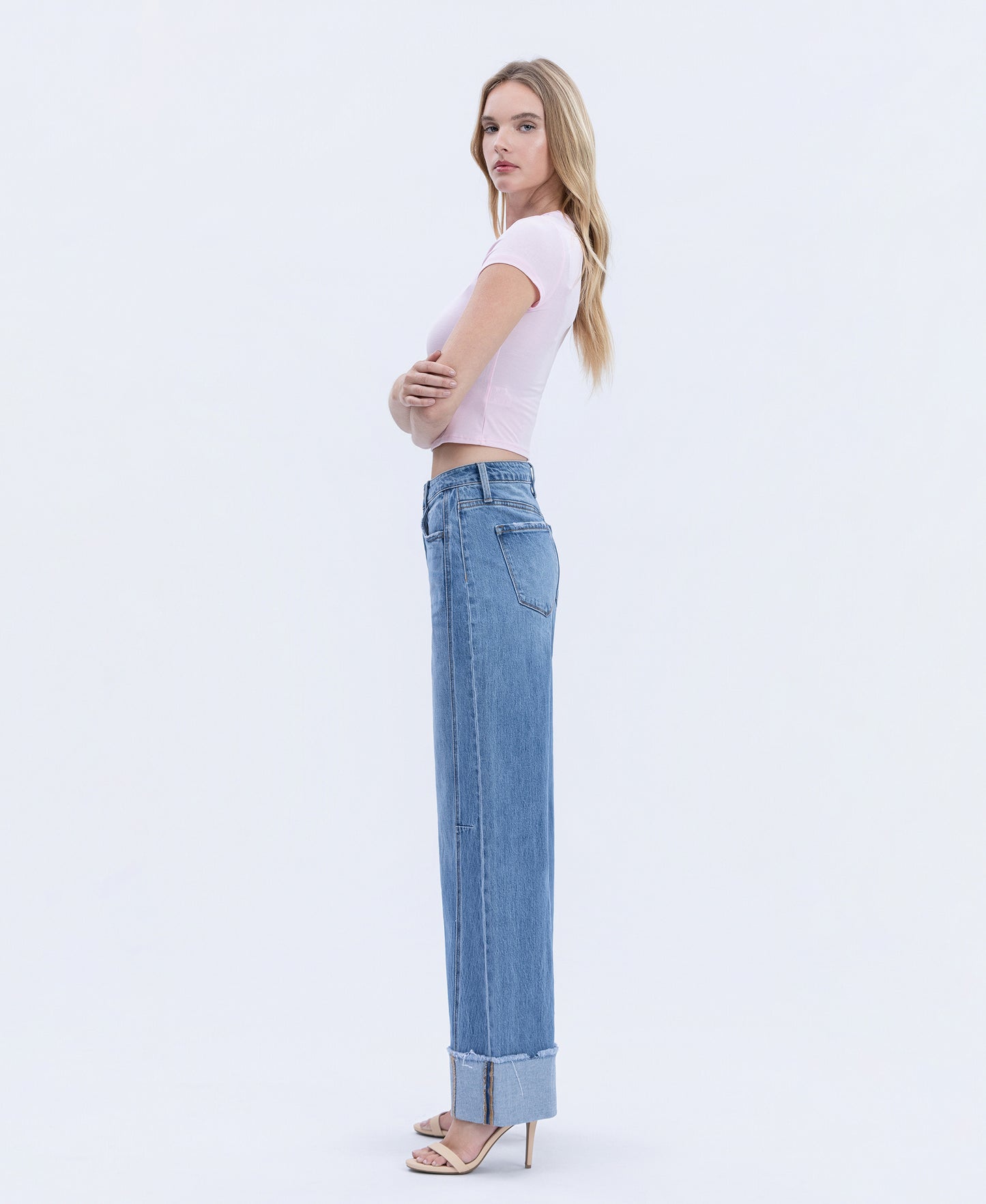 Left side product images of Adore You - High Rise Cuffed Wide Leg Jeans