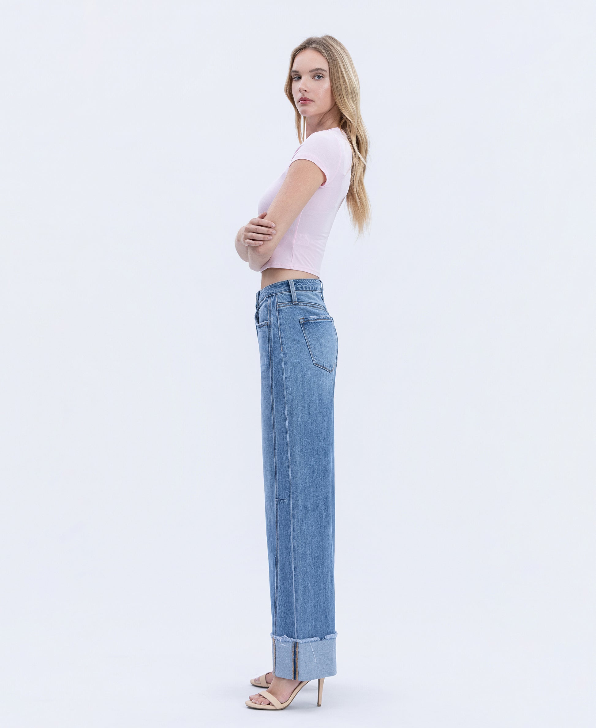 Left side product images of Adore You - High Rise Cuffed Wide Leg Jeans