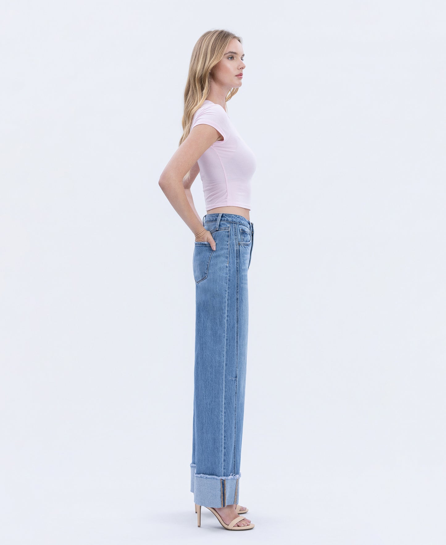 Right 45 degrees product image of Adore You - High Rise Cuffed Wide Leg Jeans