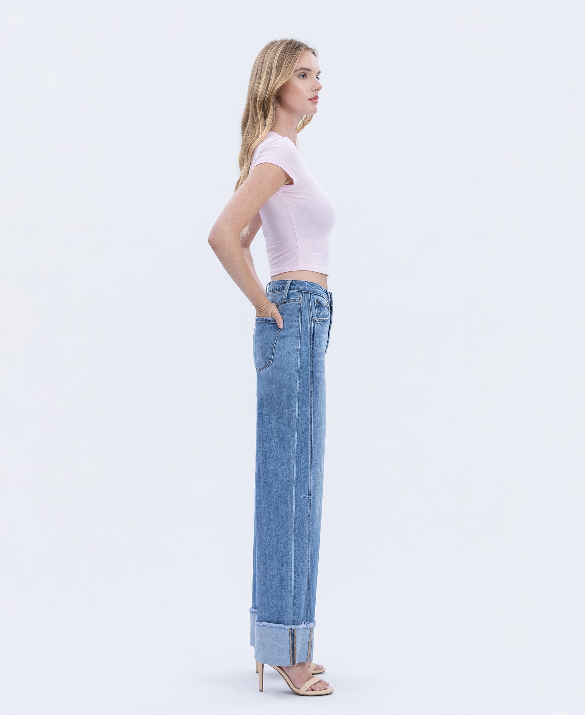 Right 45 degrees product image of Adore You - High Rise Cuffed Wide Leg Jeans