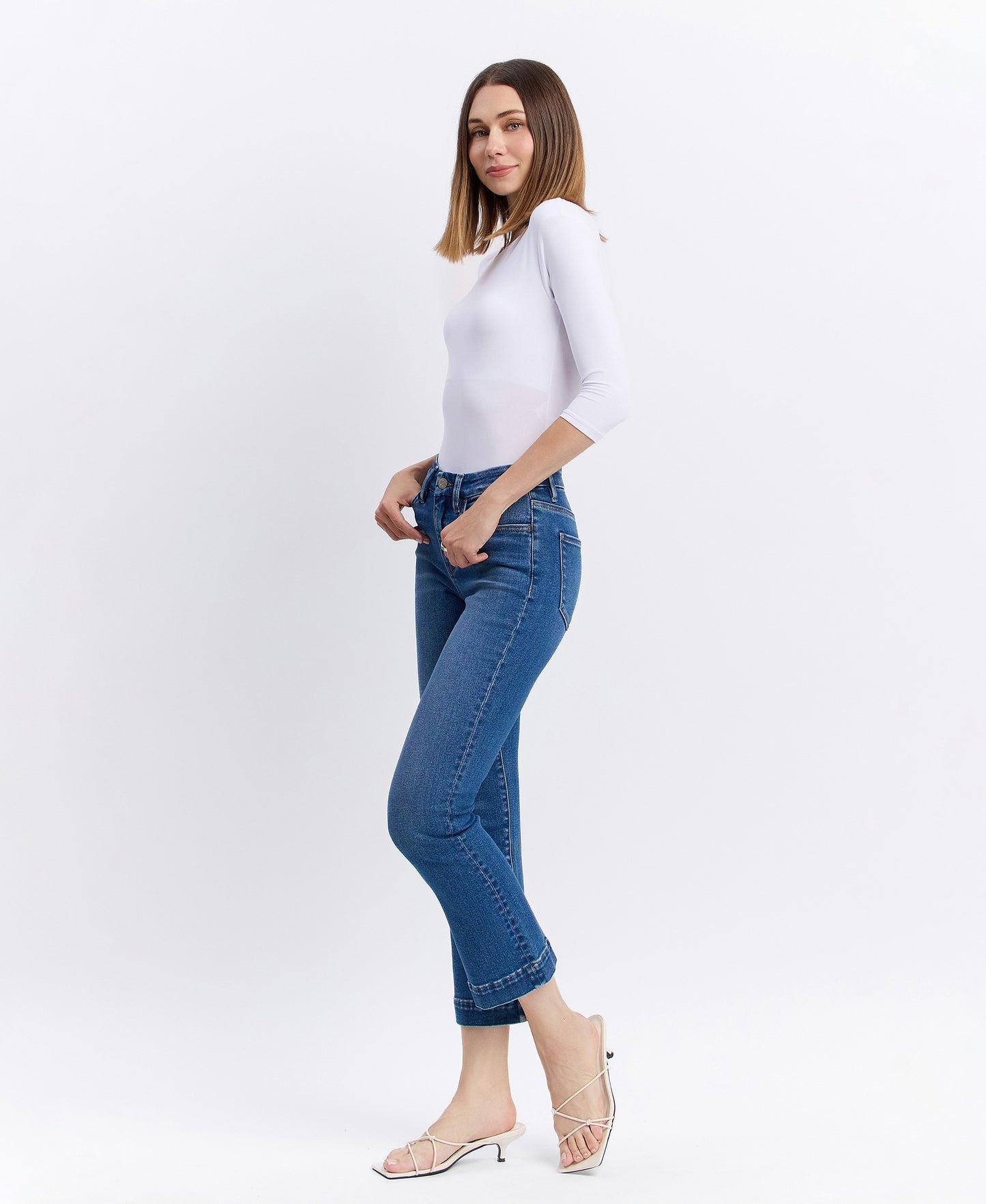 Left 45 degrees product image of Laurie - High Rise Seamless WB Trouser Hem Kick Flare Jeans