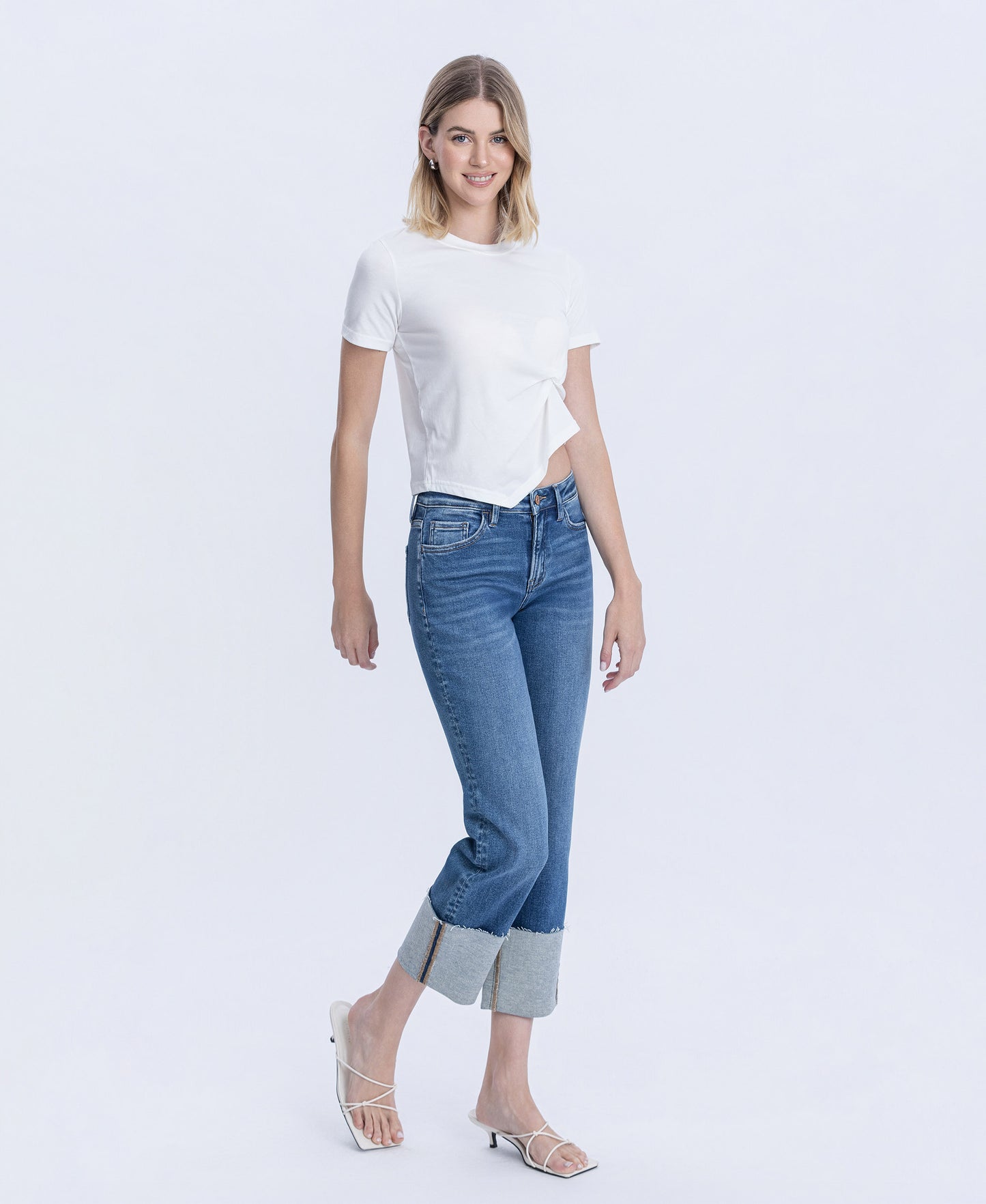 Right 45 degrees product image of Medium Dark - High Rise Cuffed Crop Straight Jeans
