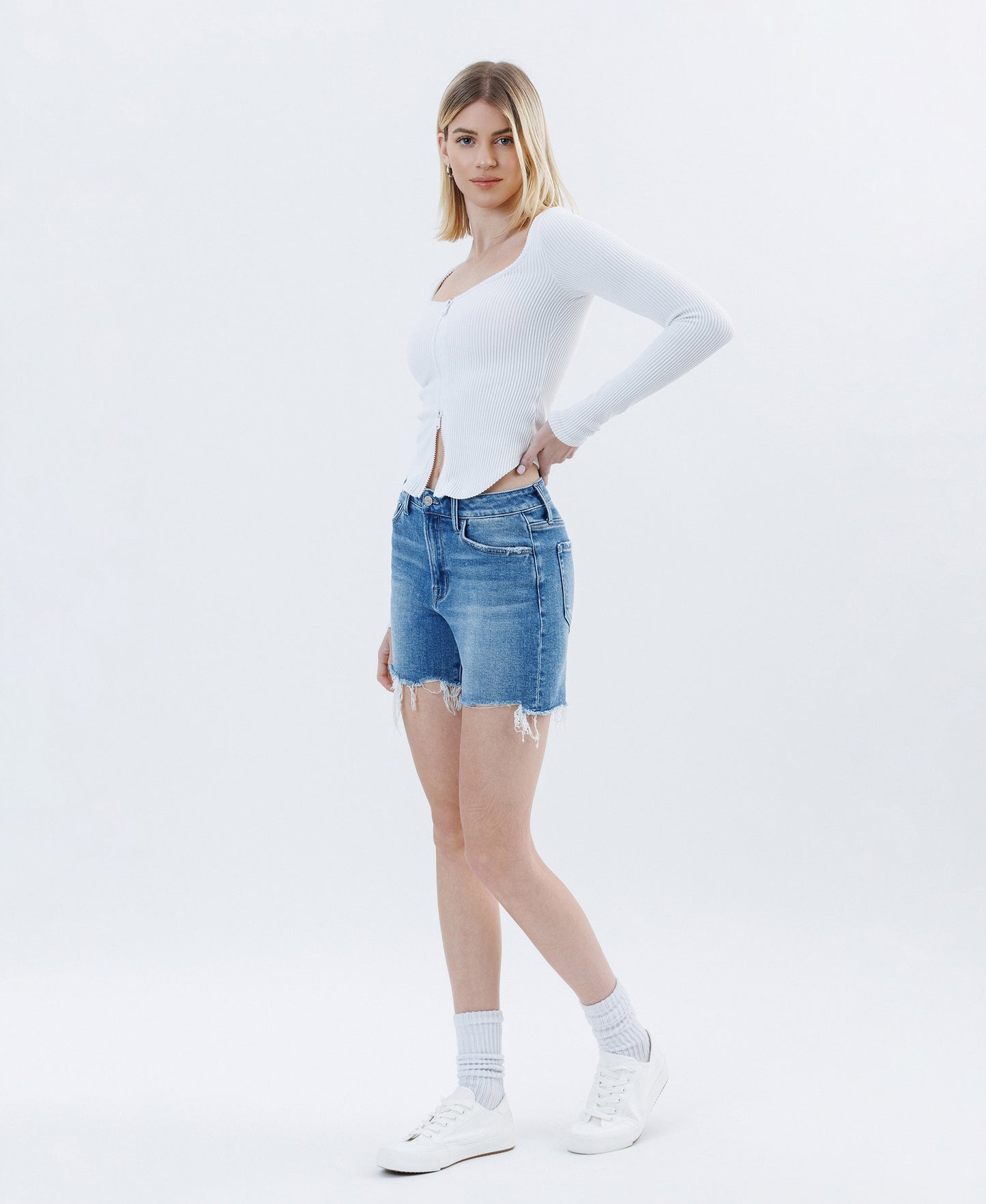 Left 45 degrees product image of Open Minded - High Rise Raw Hem Boyfriend Denim Shorts