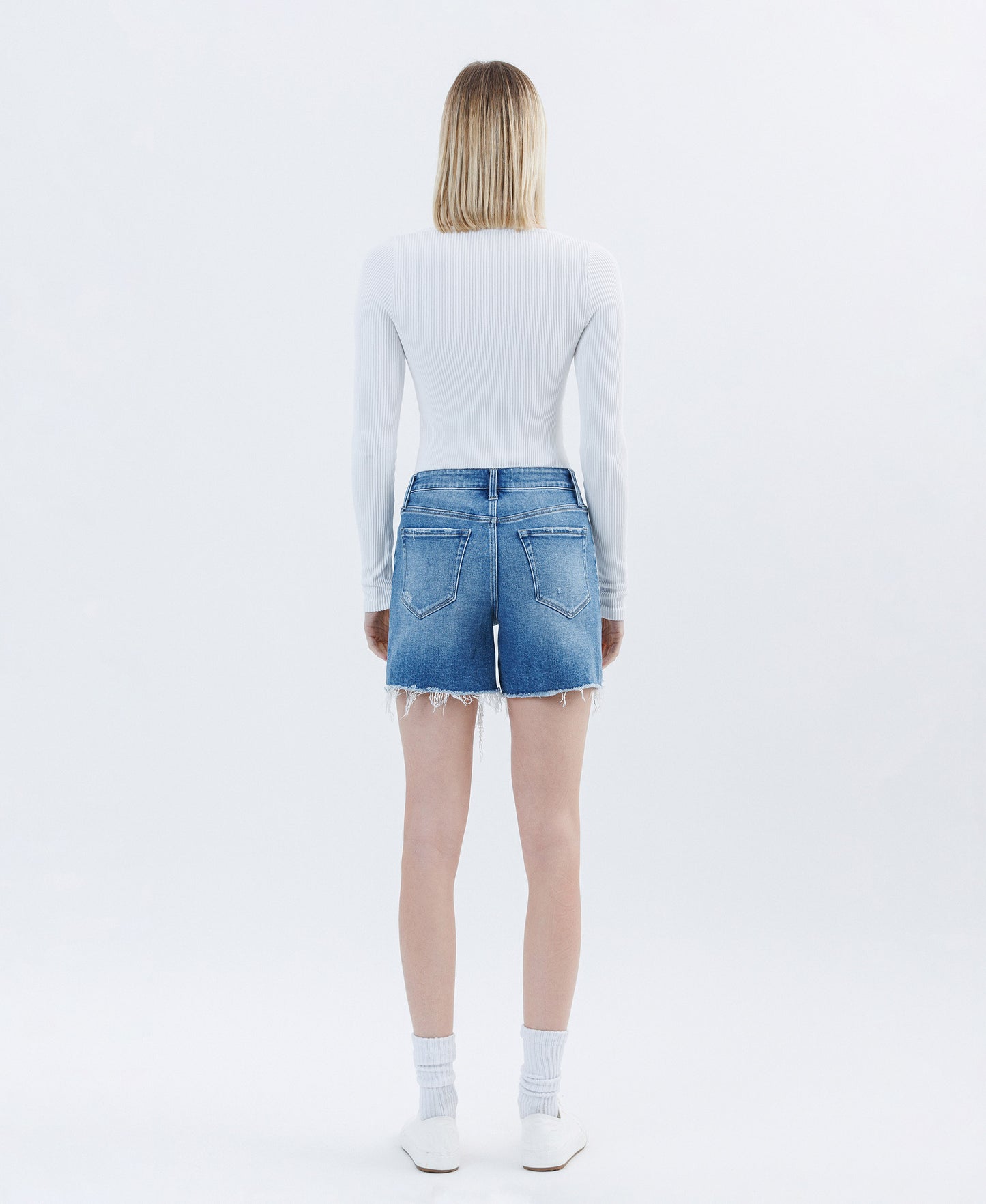 Back product images of Open Minded - High Rise Raw Hem Boyfriend Denim Shorts