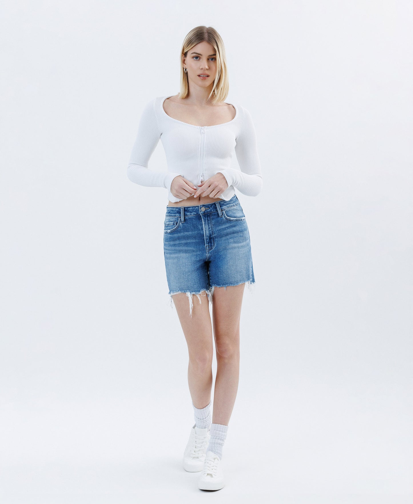 Front product images of Open Minded - High Rise Raw Hem Boyfriend Denim Shorts