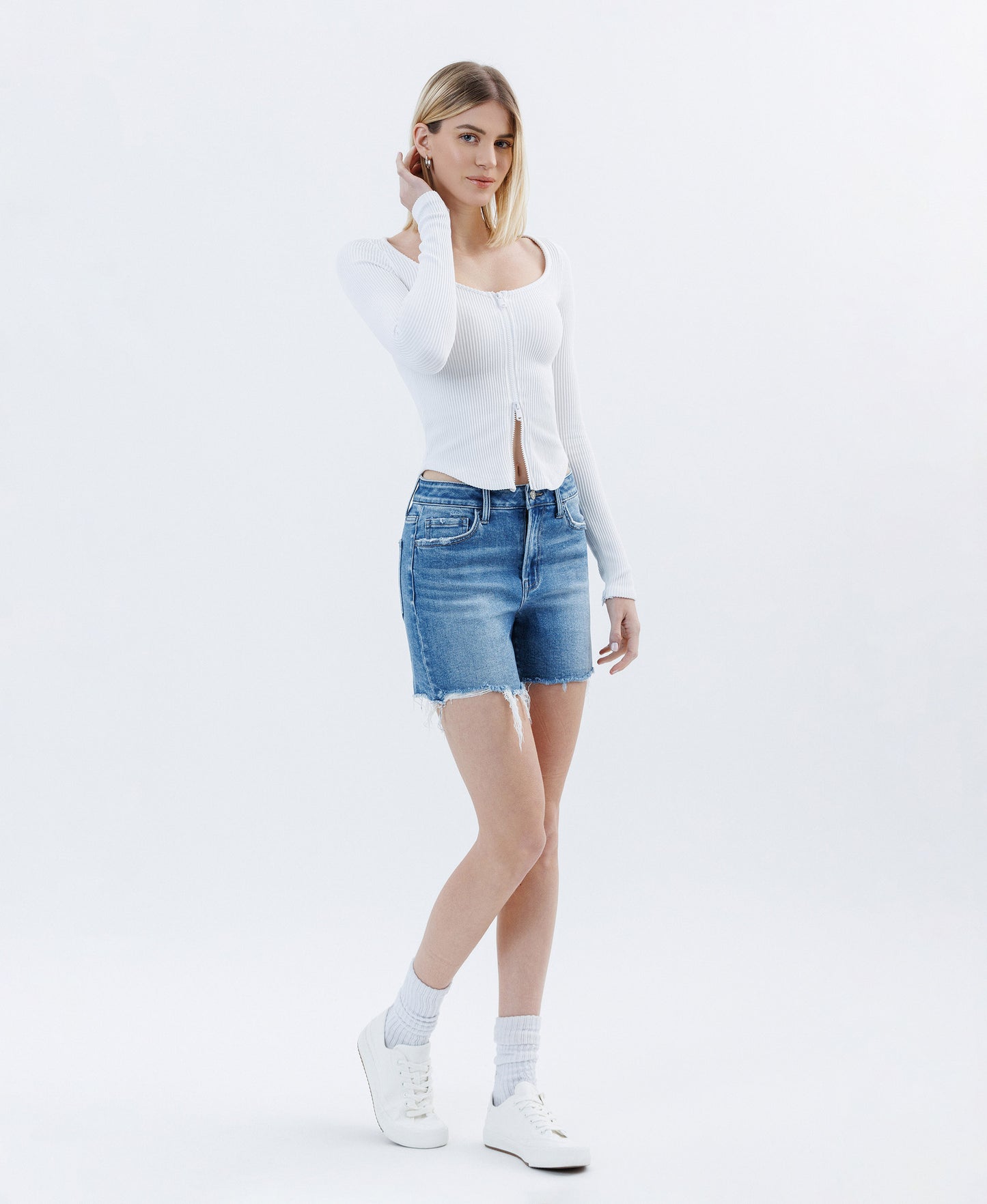 Right 45 degrees product image of Open Minded - High Rise Raw Hem Boyfriend Denim Shorts