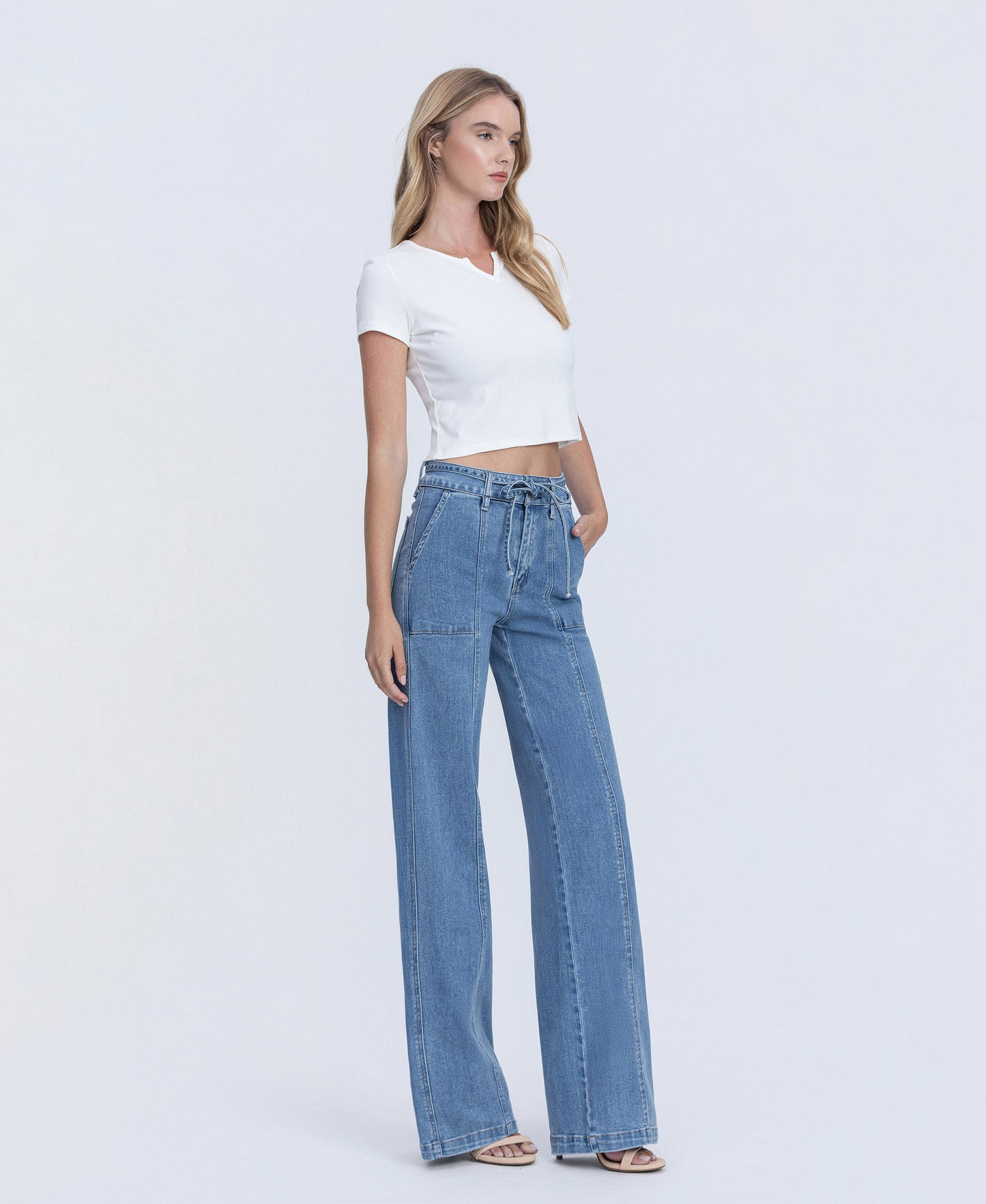 Right 45 degrees product image of Lush Life - Super High Rise Tie Waistband Wide Leg Jeans