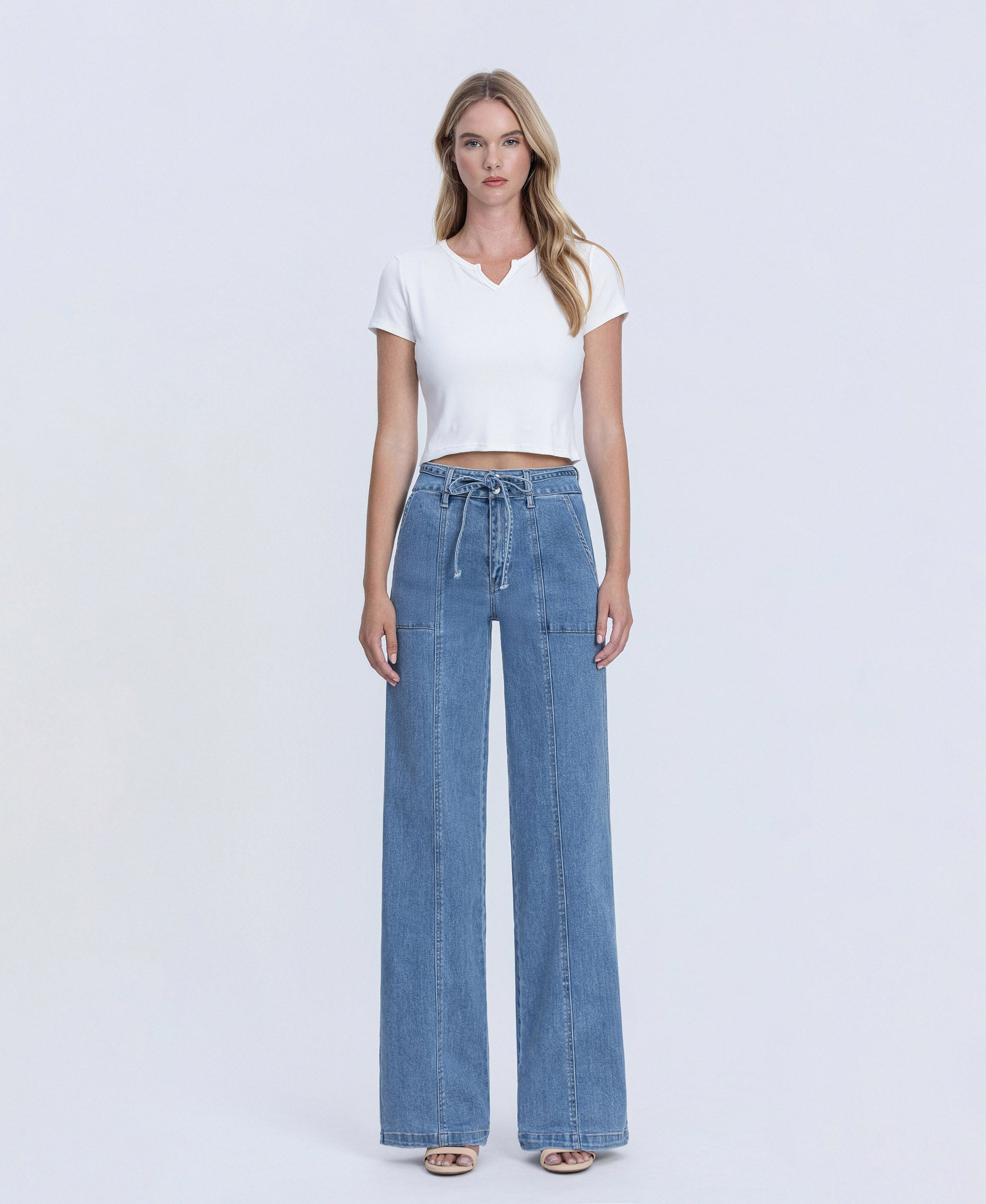 VERVET Lush Life Super High Rise Tie Waistband Wide Leg Jeans