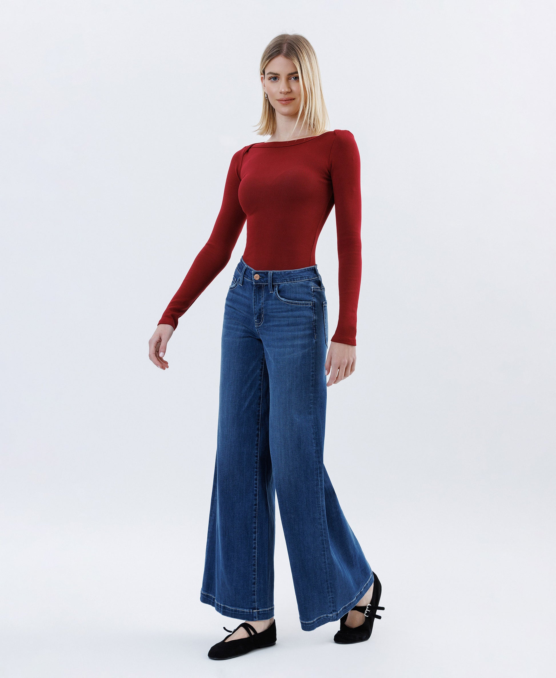 Left 45 degrees product image of Humane - Mid Rise Full Length Palazzo Jeans