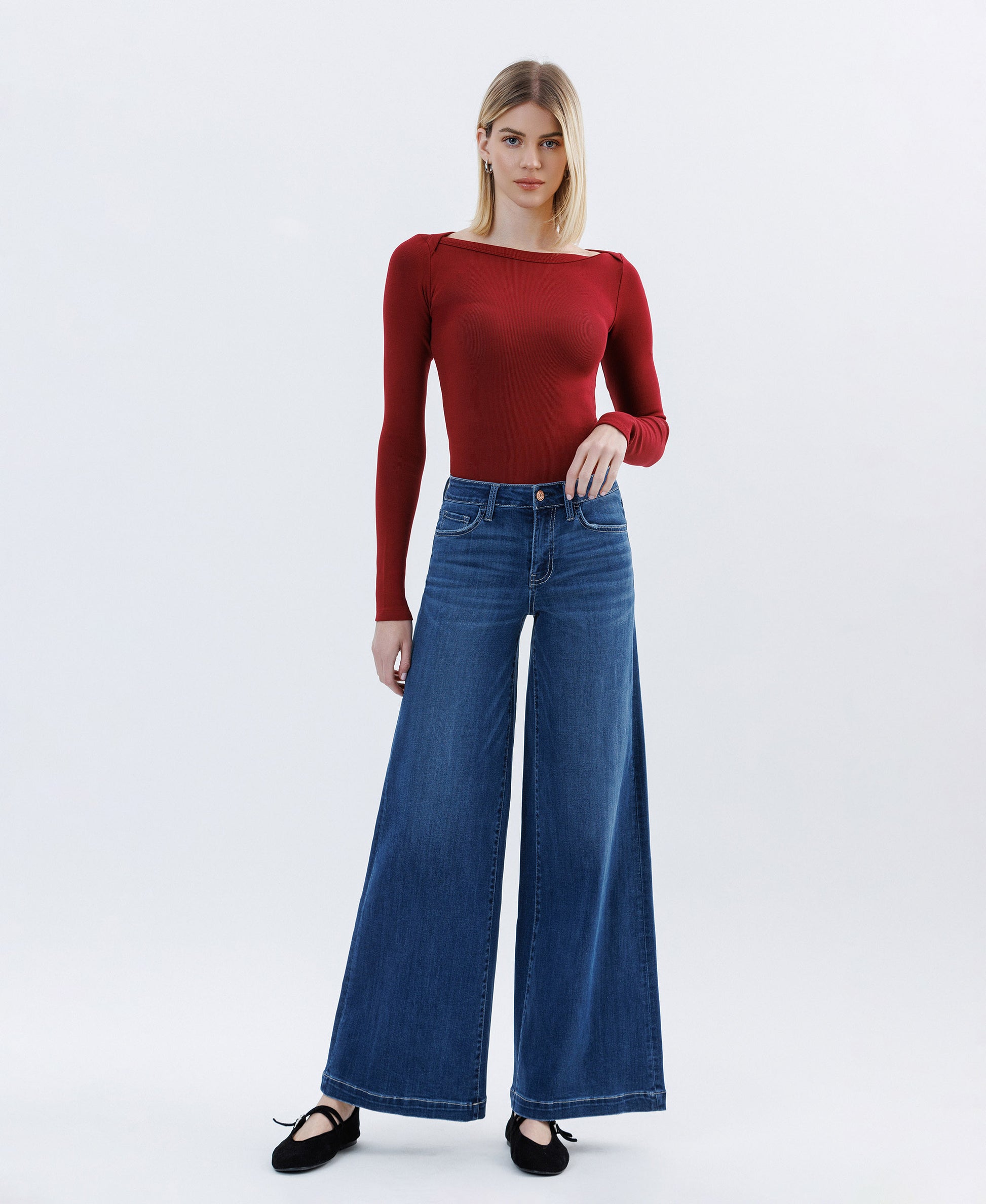 Front product images of Humane - Mid Rise Full Length Palazzo Jeans