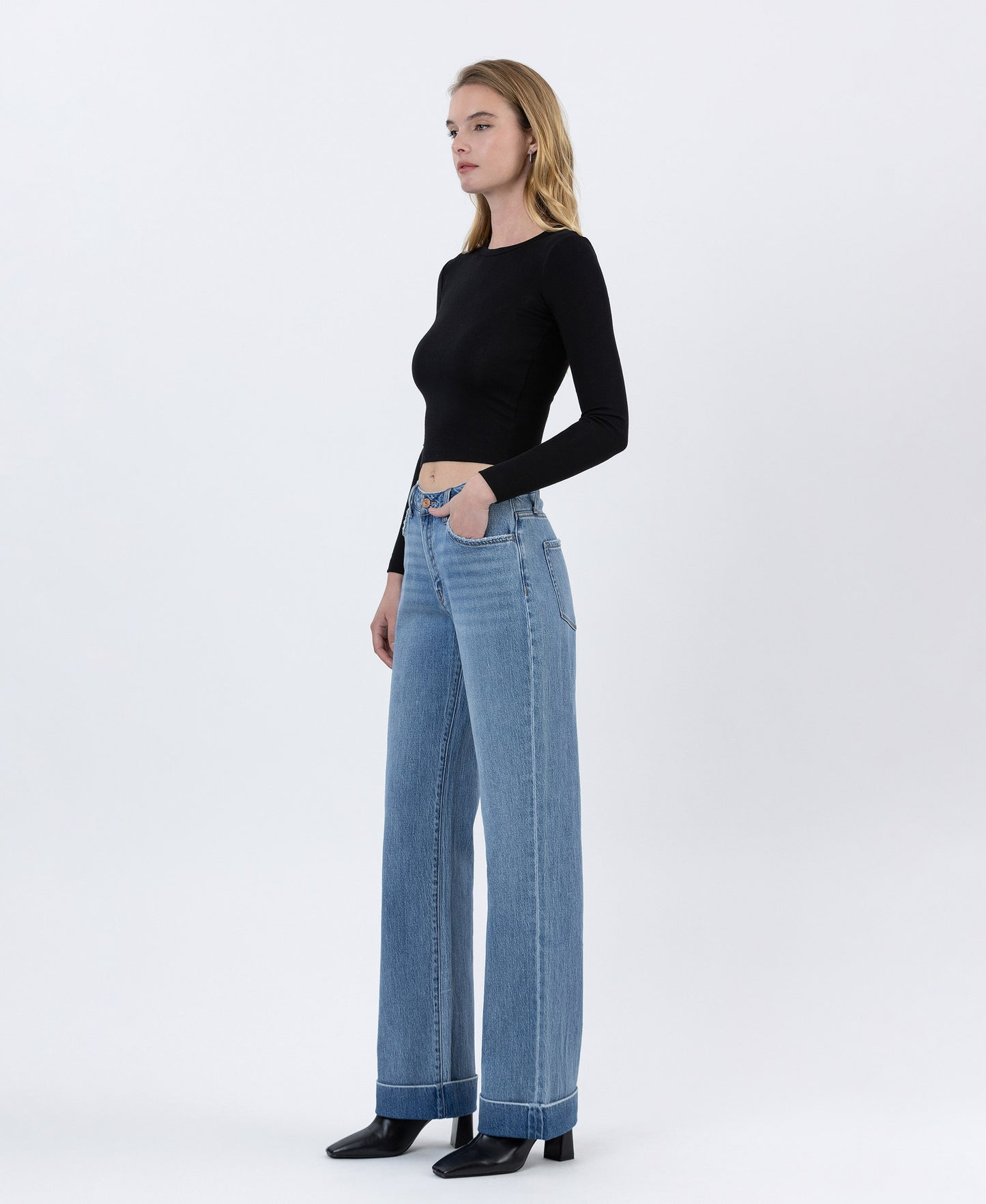 Left 45 degrees product image of Medium Dark - High Rise Cuffed Baggy Wide Leg Jeans