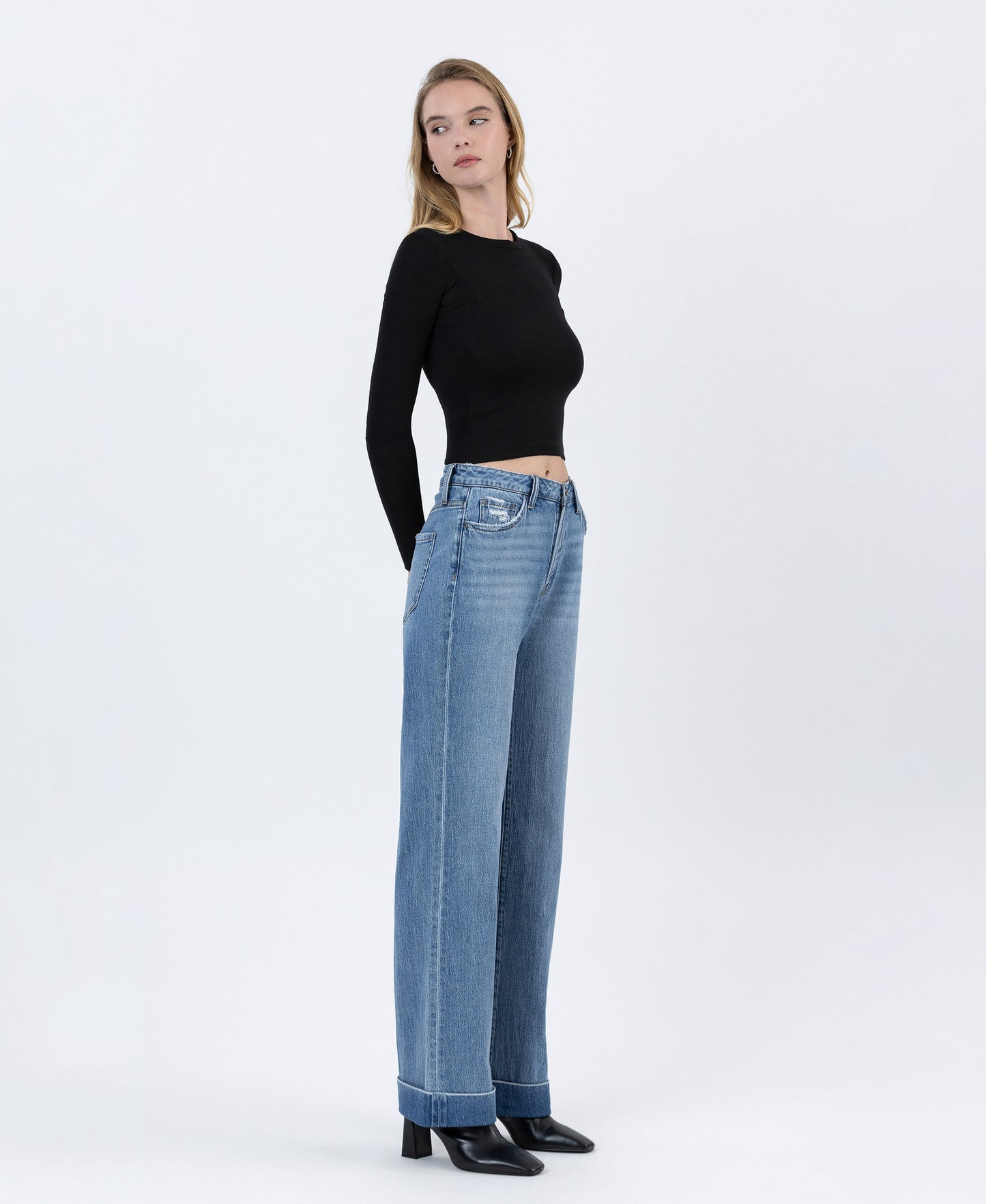 Right 45 degrees product image of Medium Dark - High Rise Cuffed Baggy Wide Leg Jeans