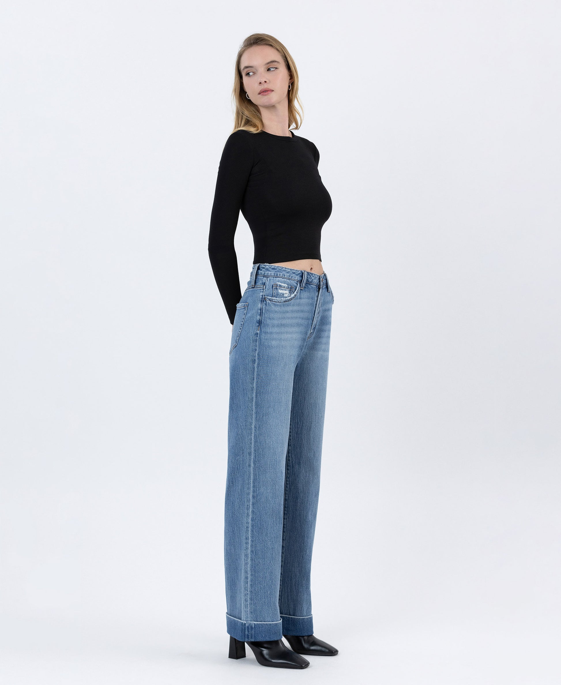 Right 45 degrees product image of Medium Dark - High Rise Cuffed Baggy Wide Leg Jeans