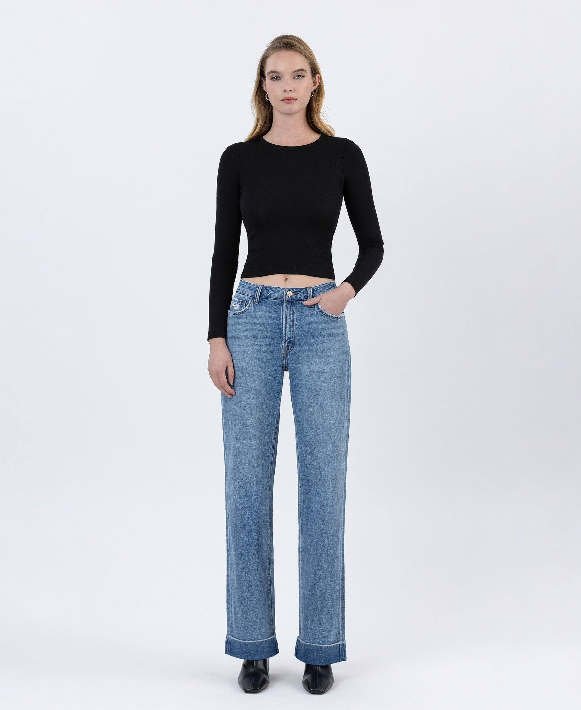 Front product images of Medium Dark - High Rise Cuffed Baggy Wide Leg Jeans
