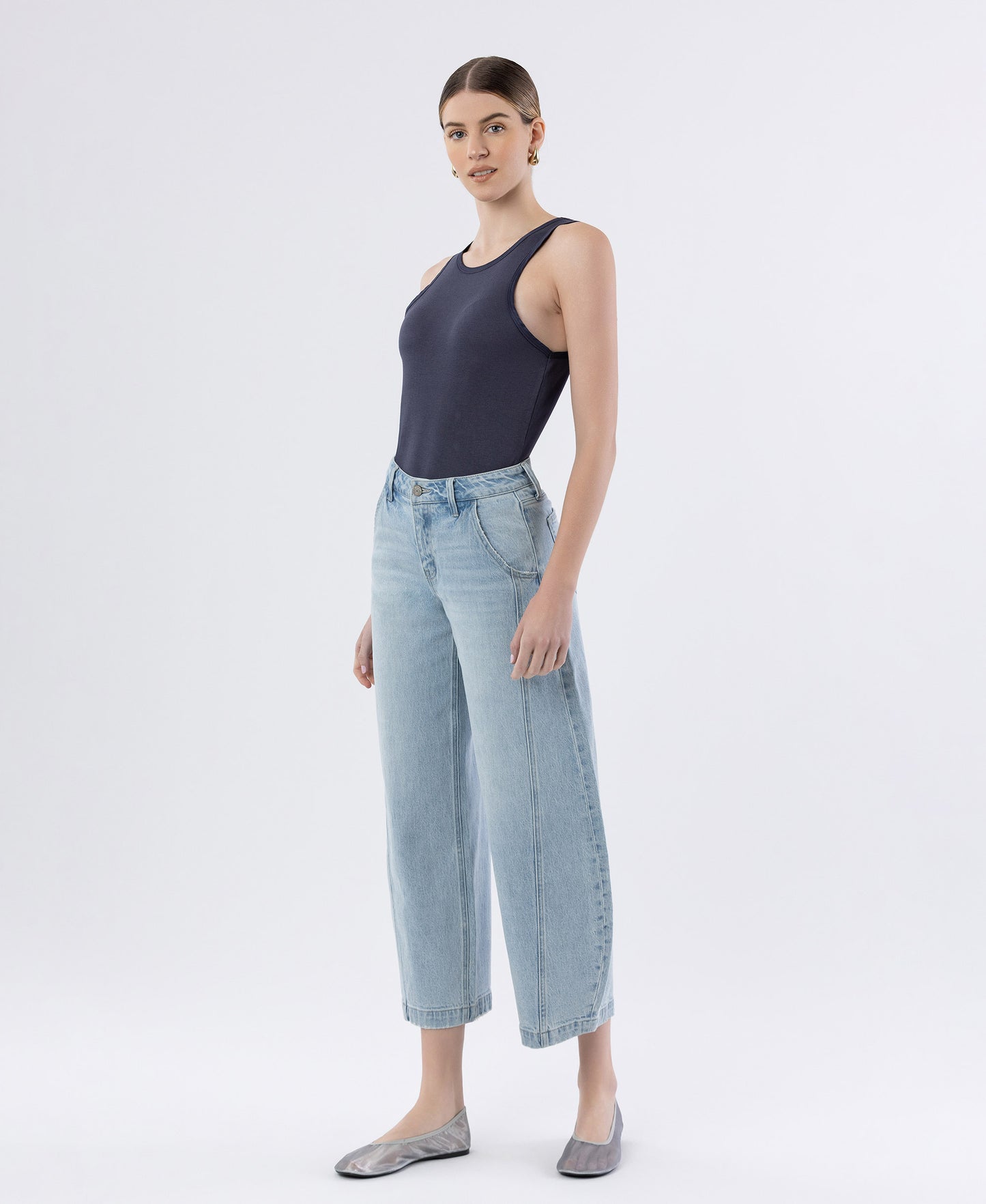 Left 45 degrees product image of Marvelousness - High Rise Front Seam Extreme Wide Barrel Jeans