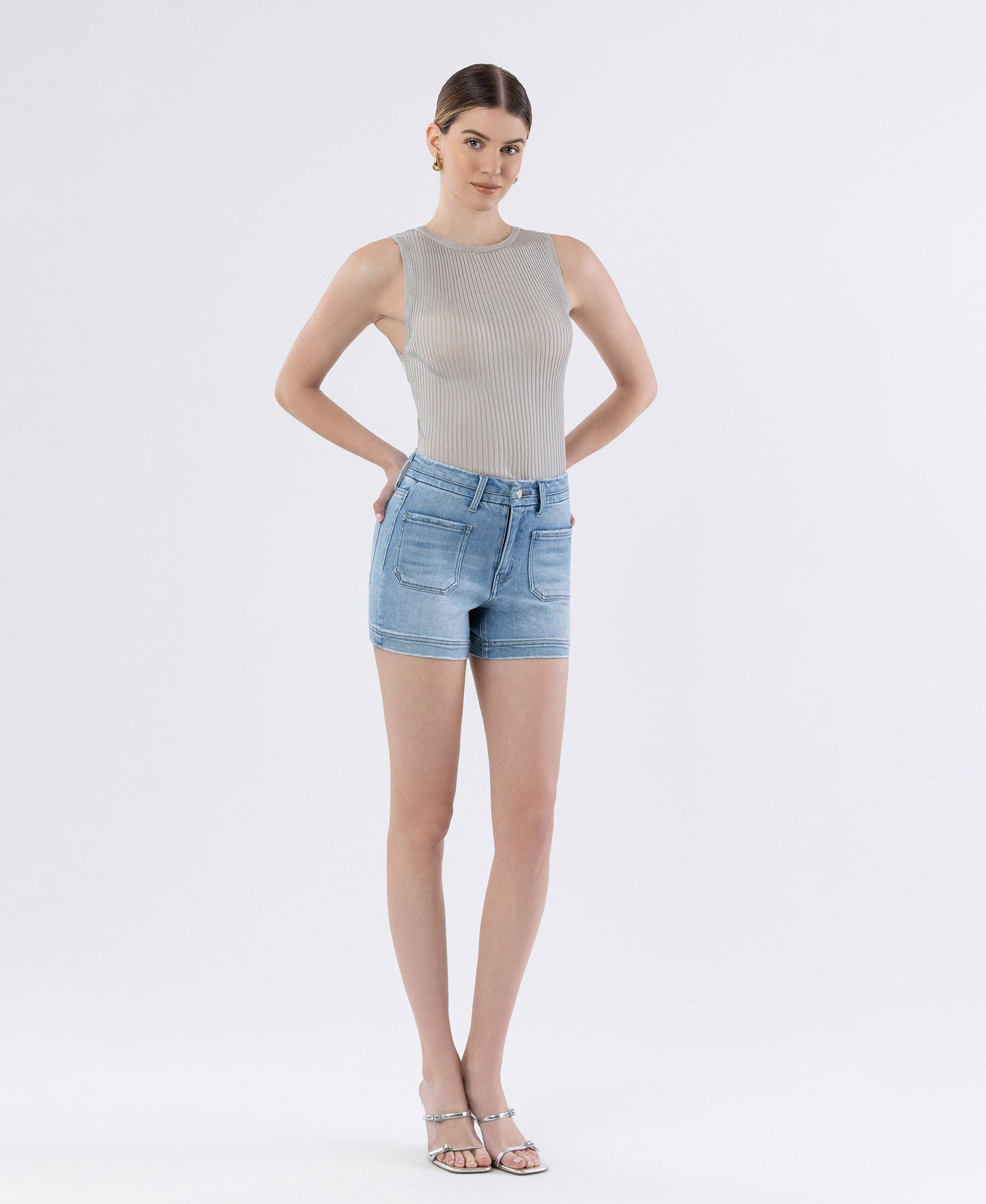 Right 45 degrees product image of Dutifully - High Rise Seamless Waistband Denim Shorts