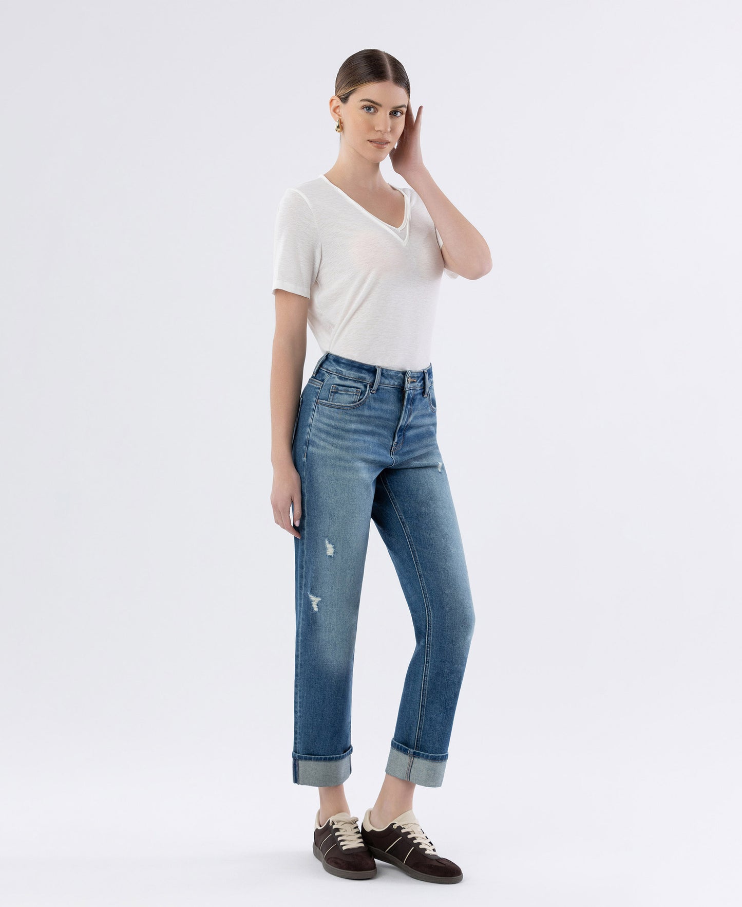 Right 45 degrees product image of Sleek - High Rise Cuffed Straight Jeans
