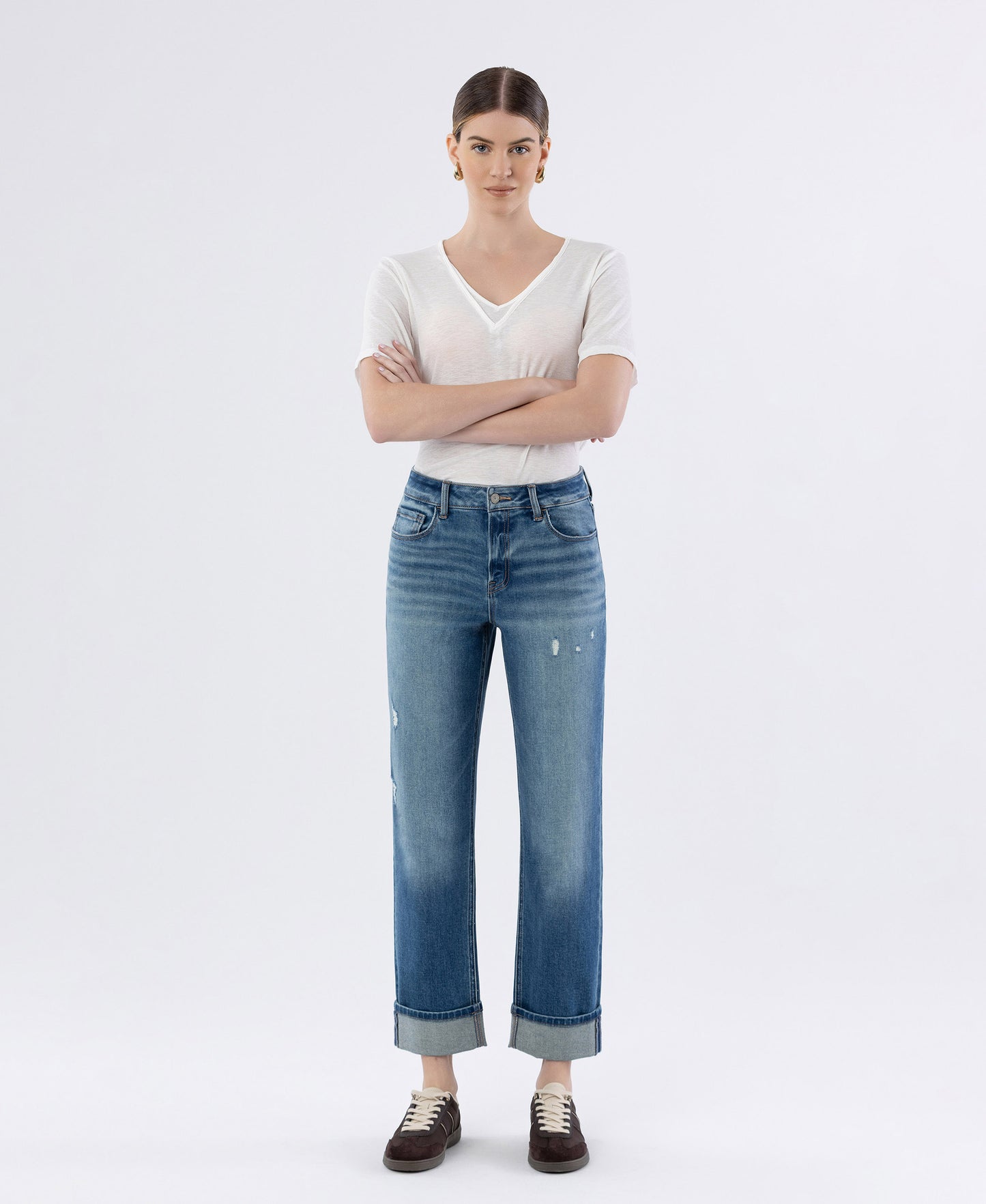 Front product images of Sleek - High Rise Cuffed Straight Jeans