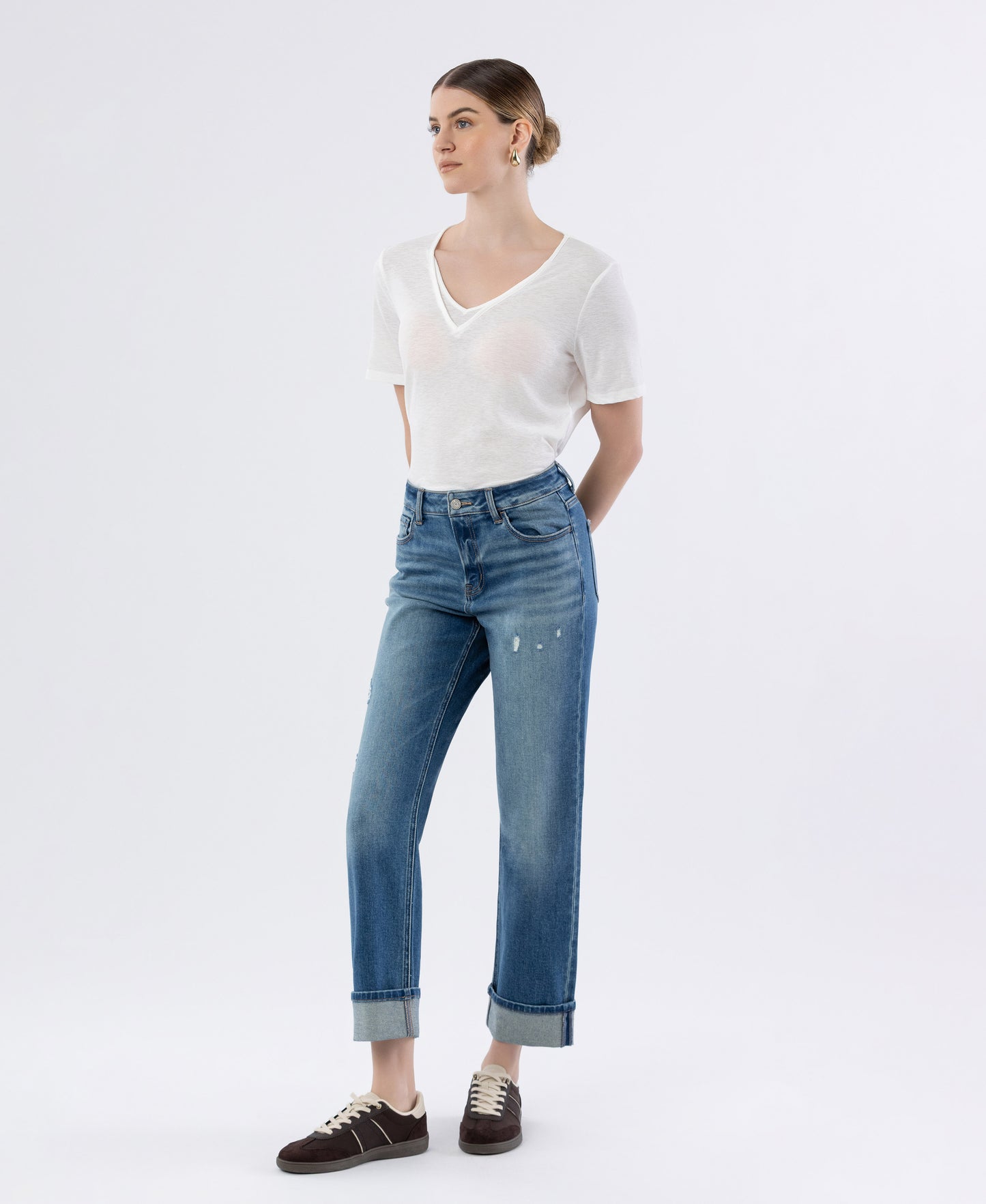 Left 45 degrees product image of Sleek - High Rise Cuffed Straight Jeans