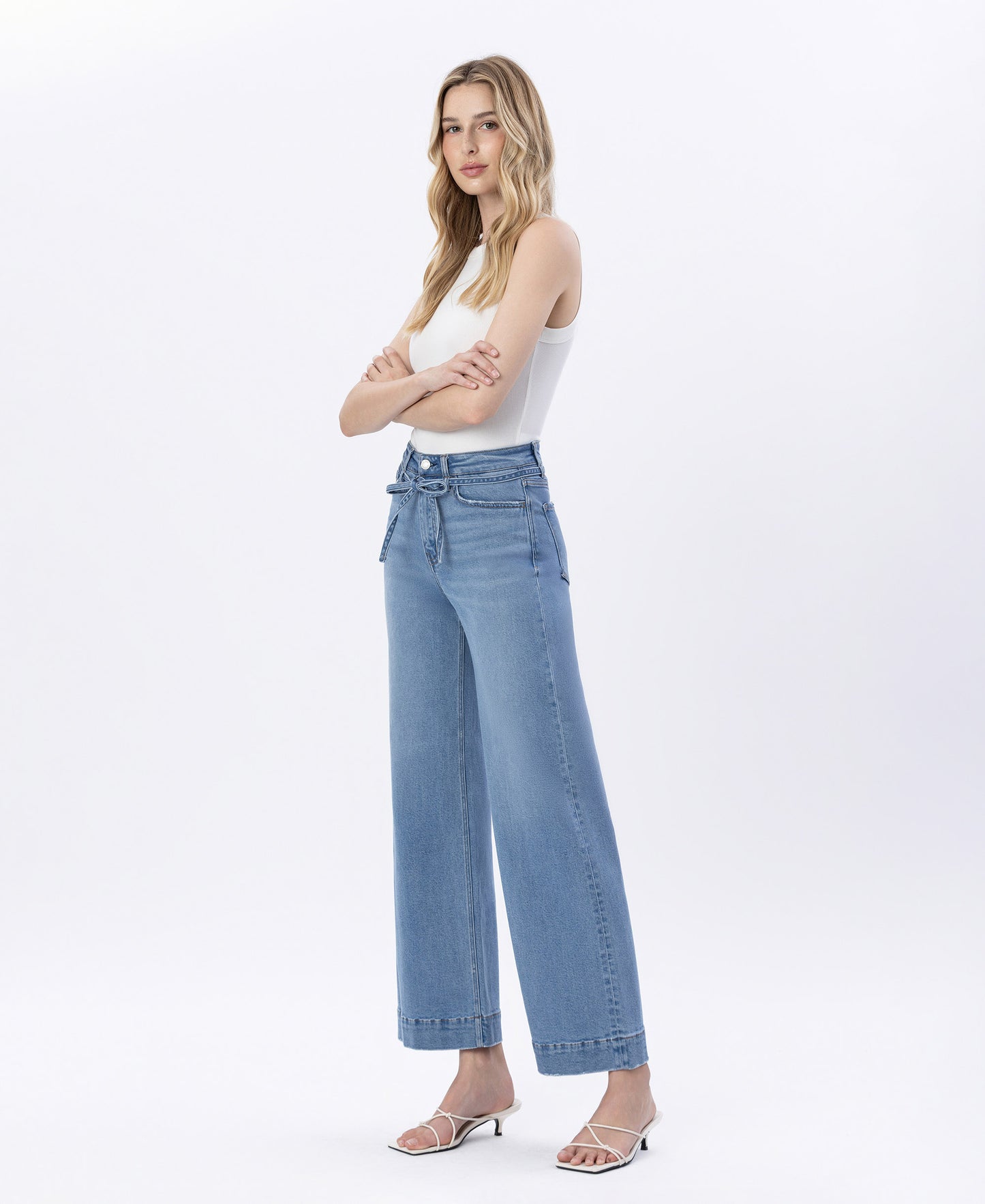 Left 45 degrees product image of Elatedly - Super High Rise Tie Waist Trouser Wide Leg Jeans