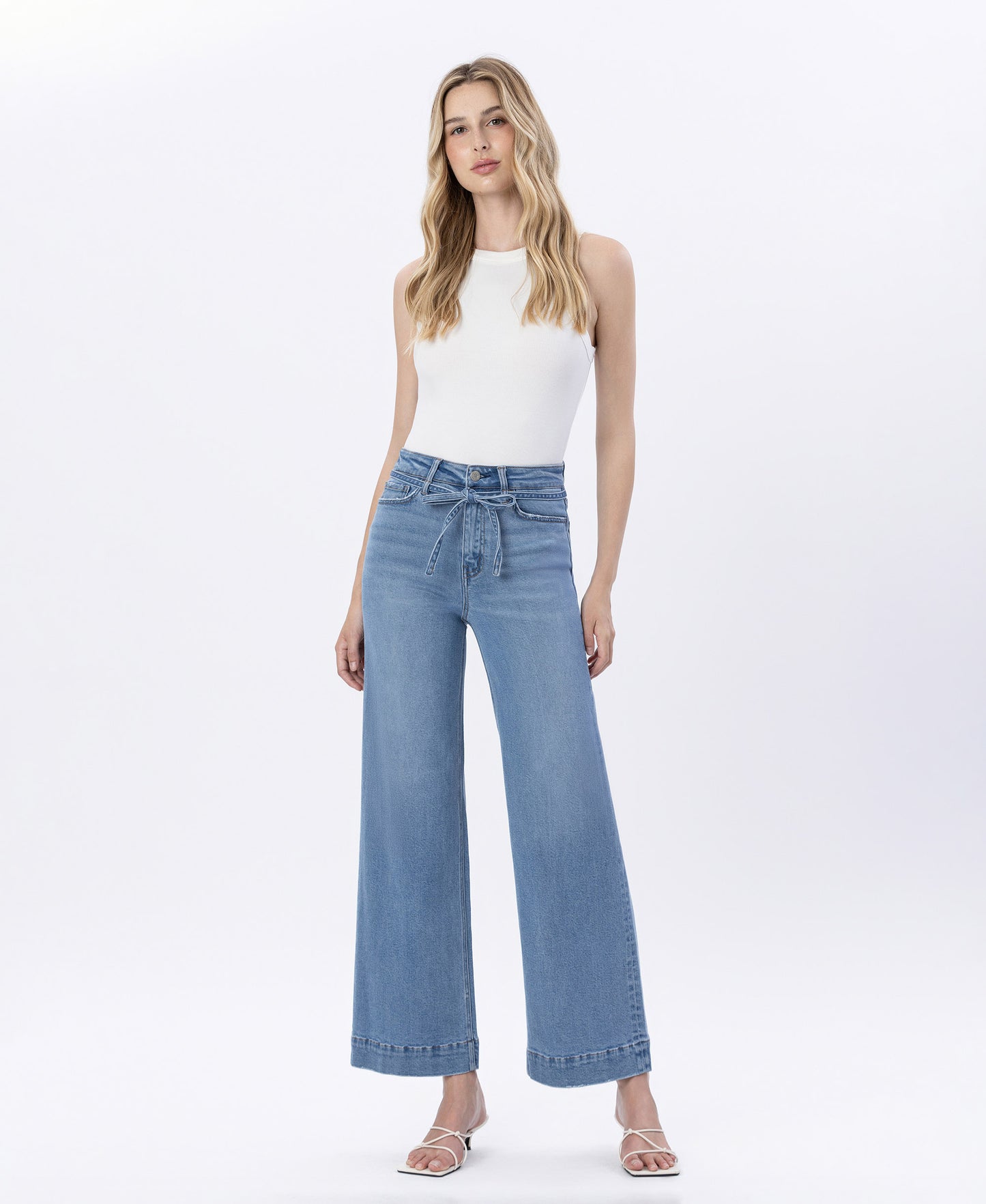 Front product images of Elatedly - Super High Rise Tie Waist Trouser Wide Leg Jeans