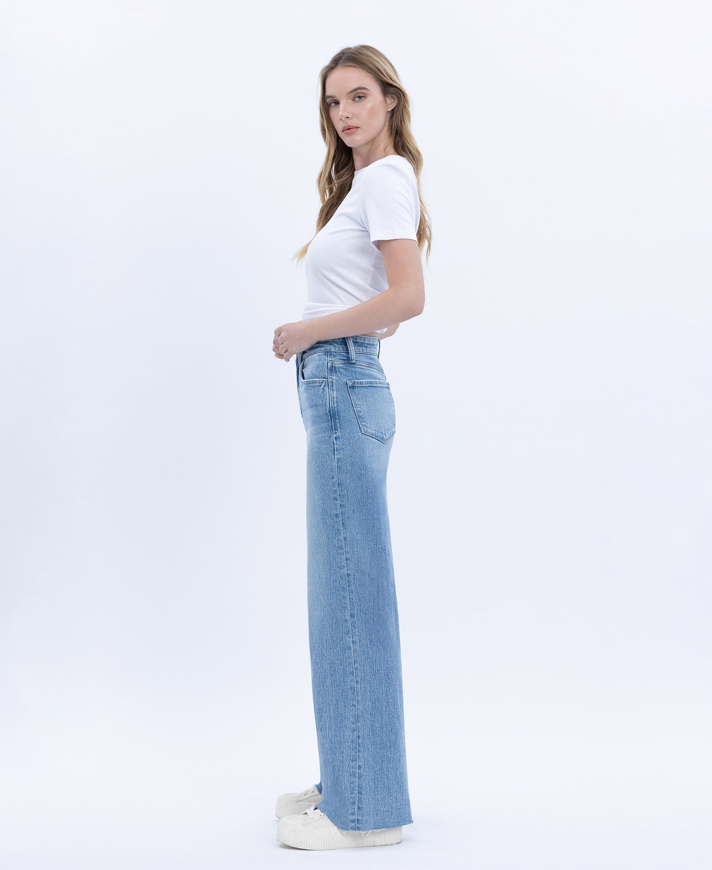 Left side product images of Poprock - High Rise Clean Cut Raw Hem Wide Leg Jeans