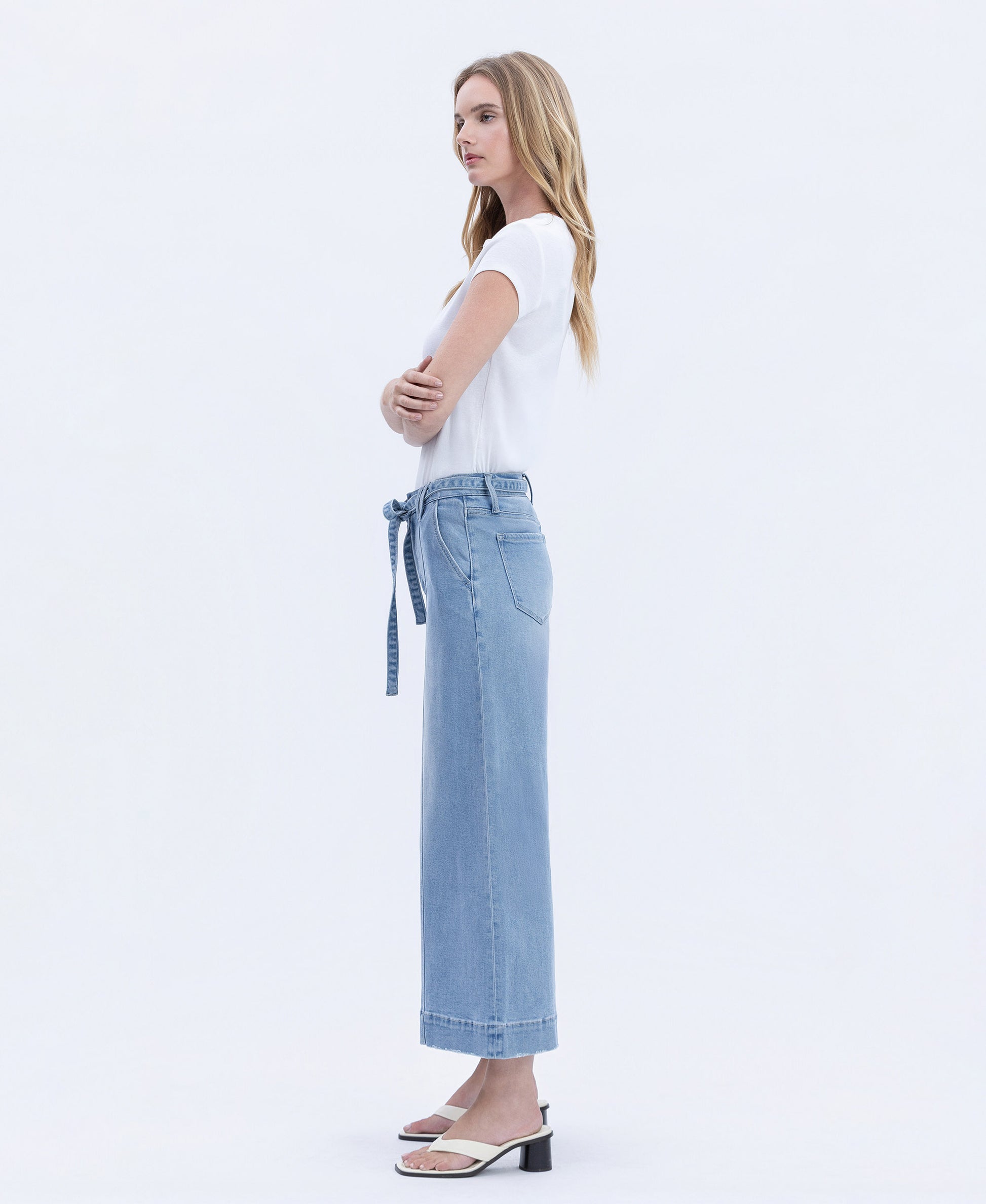 Left side product images of Valerie - High Rise Tie Waist Crop Palazzo Jeans