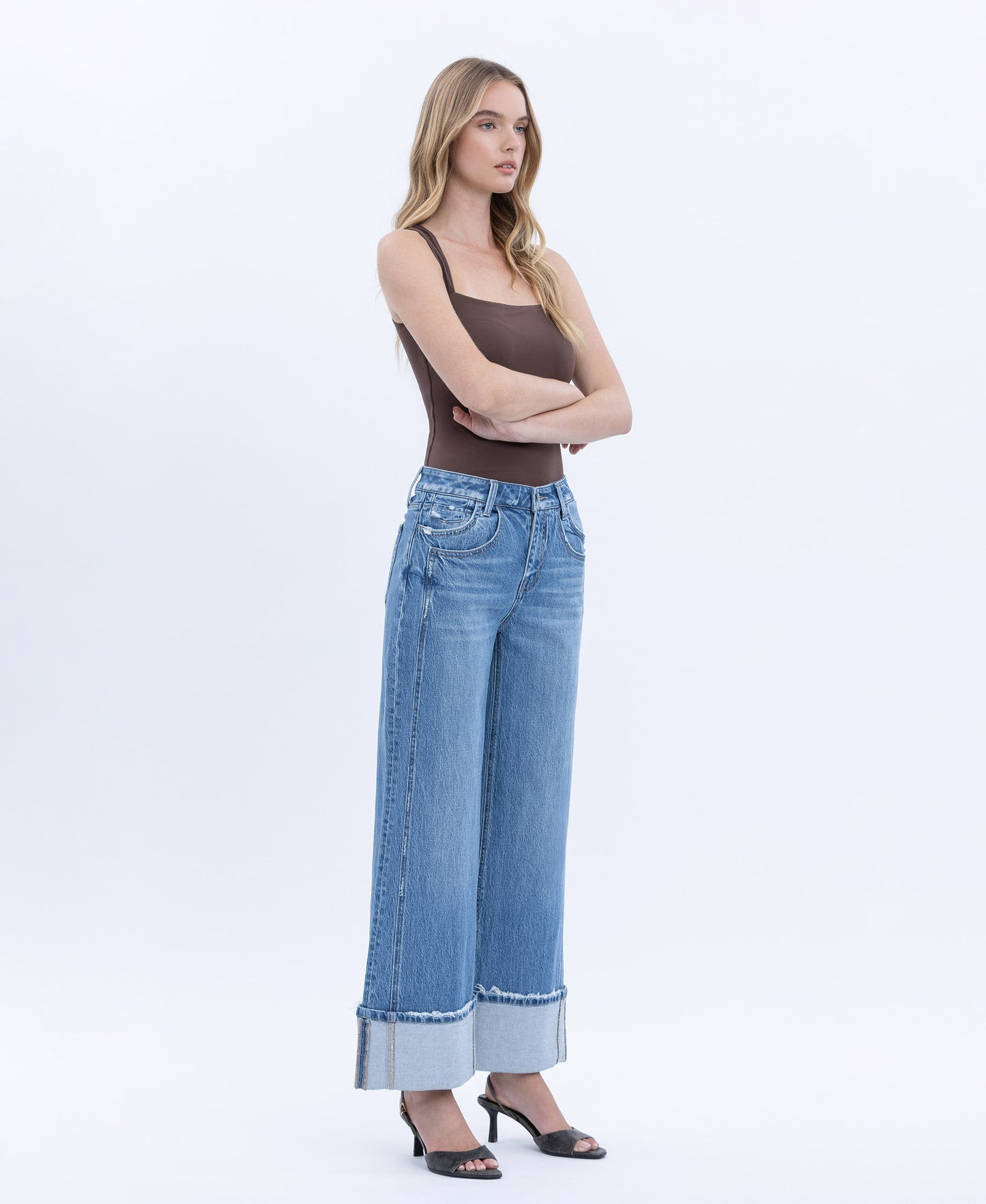 Right 45 degrees product image of Verdant Sephyr - High Rise Cuffed Baggy Wide Leg Jeans