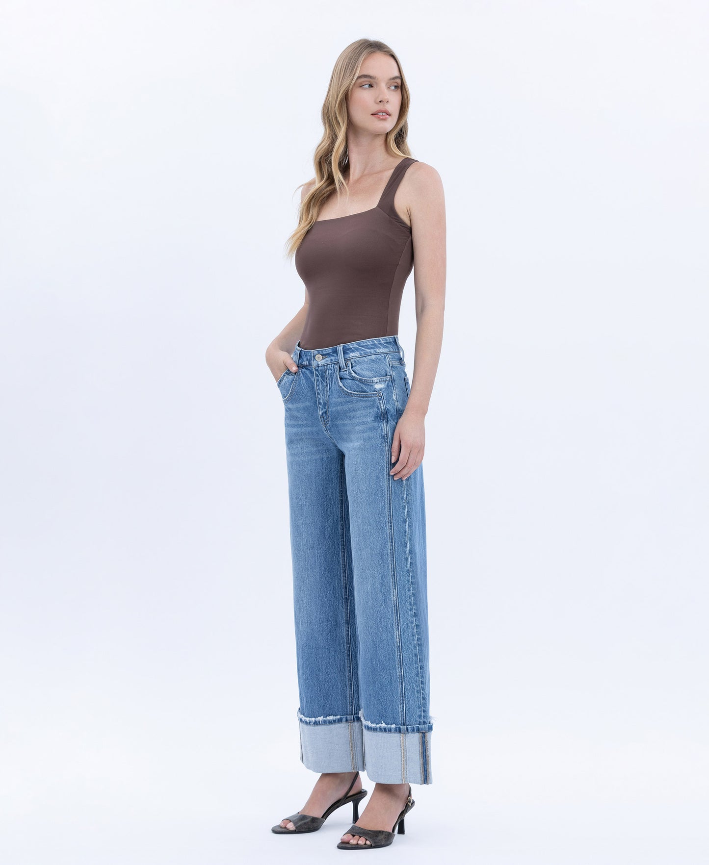 Left 45 degrees product image of Verdant Sephyr - High Rise Cuffed Baggy Wide Leg Jeans