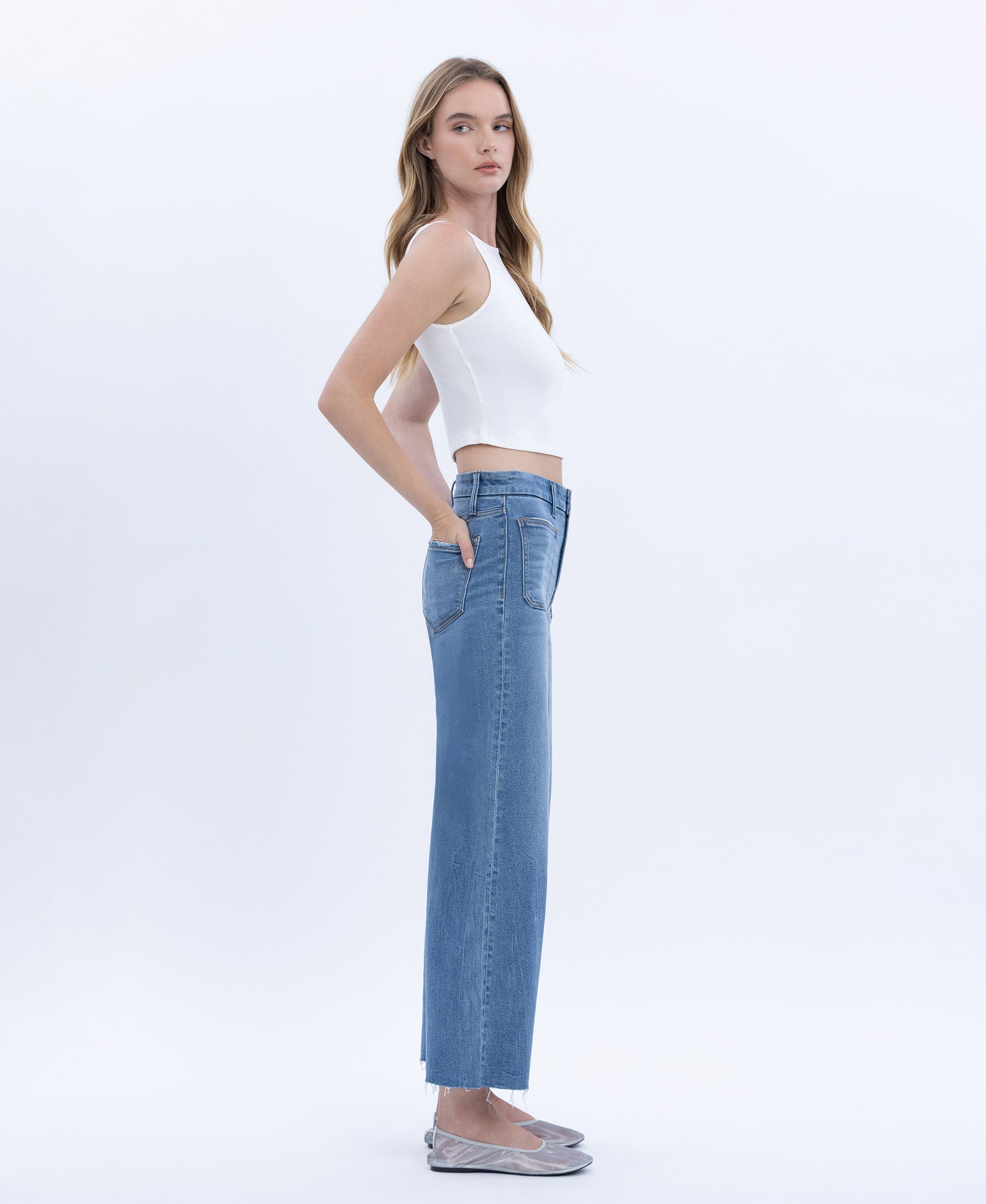 Right side product images of Serene Promise - High Rise Comfort Waistband Crop Wide Leg Jeans