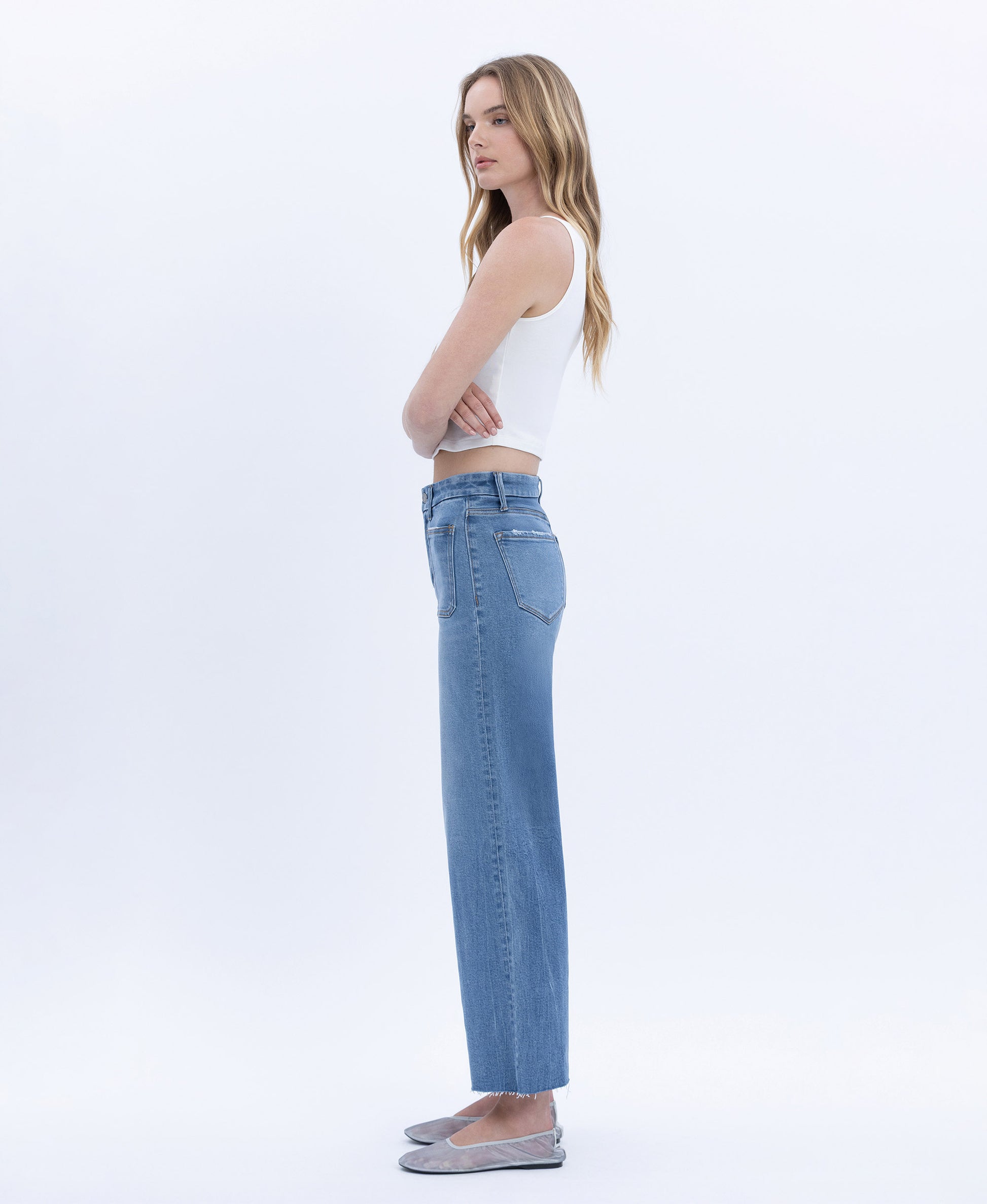 Left side product images of Serene Promise - High Rise Comfort Waistband Crop Wide Leg Jeans