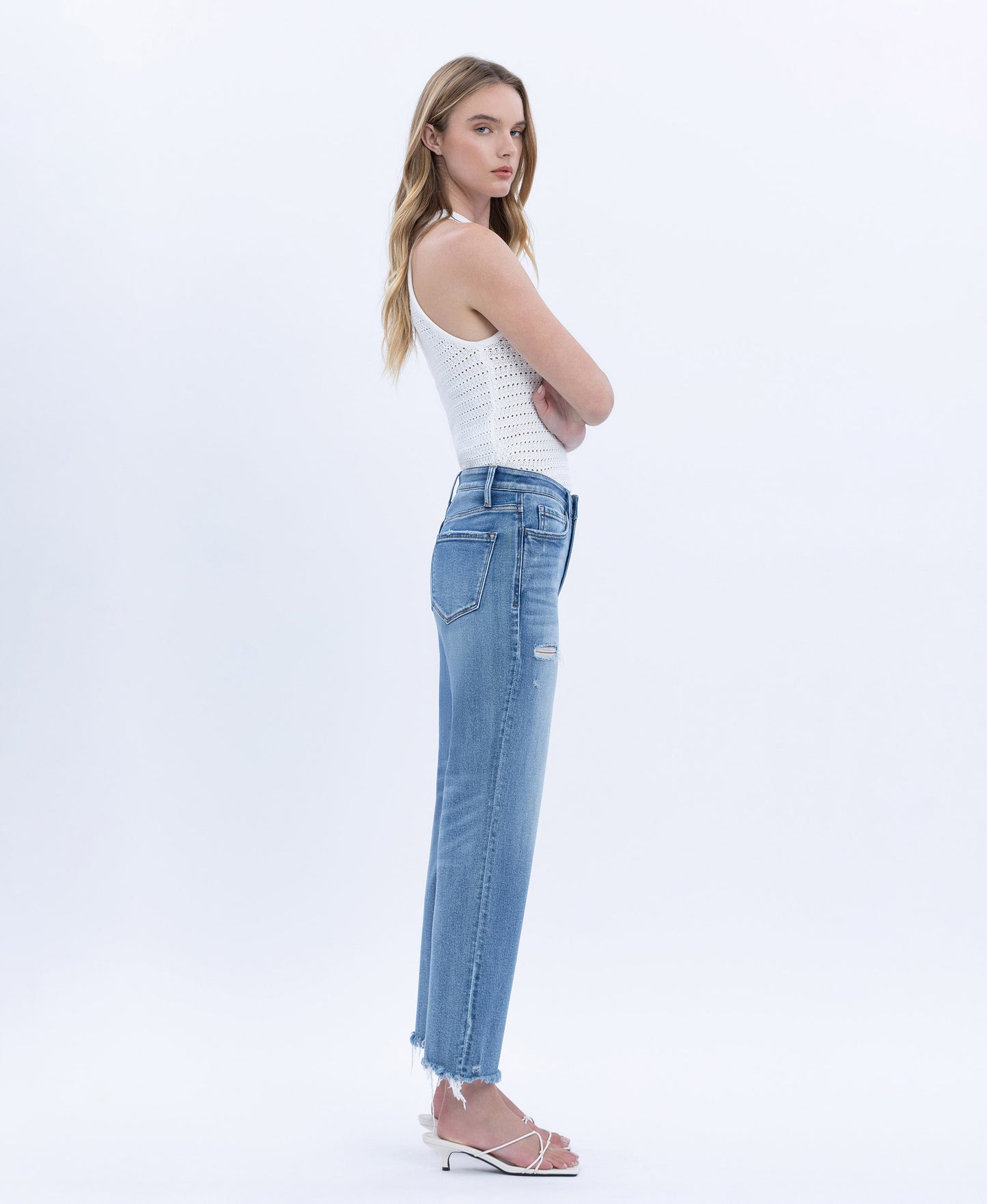 Right side product images of Vital Horizon - High Rise Frayed Hem Crop Straight Jeans