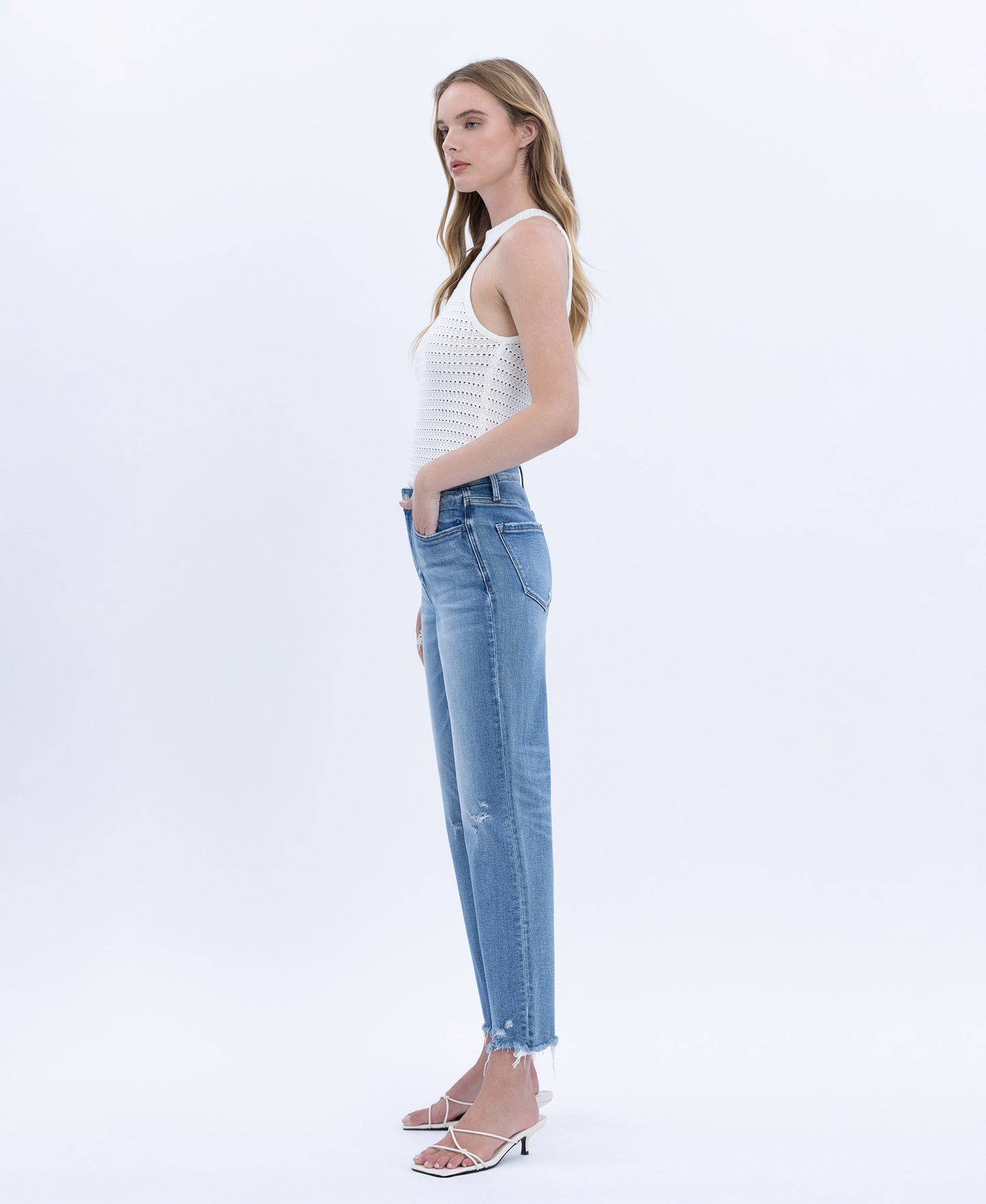 Left side product images of Vital Horizon - High Rise Frayed Hem Crop Straight Jeans