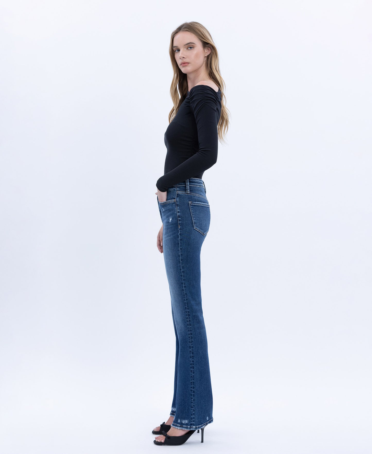 Left side product images of Elegant Jewel - High Rise Full Length Bootcut Jeans