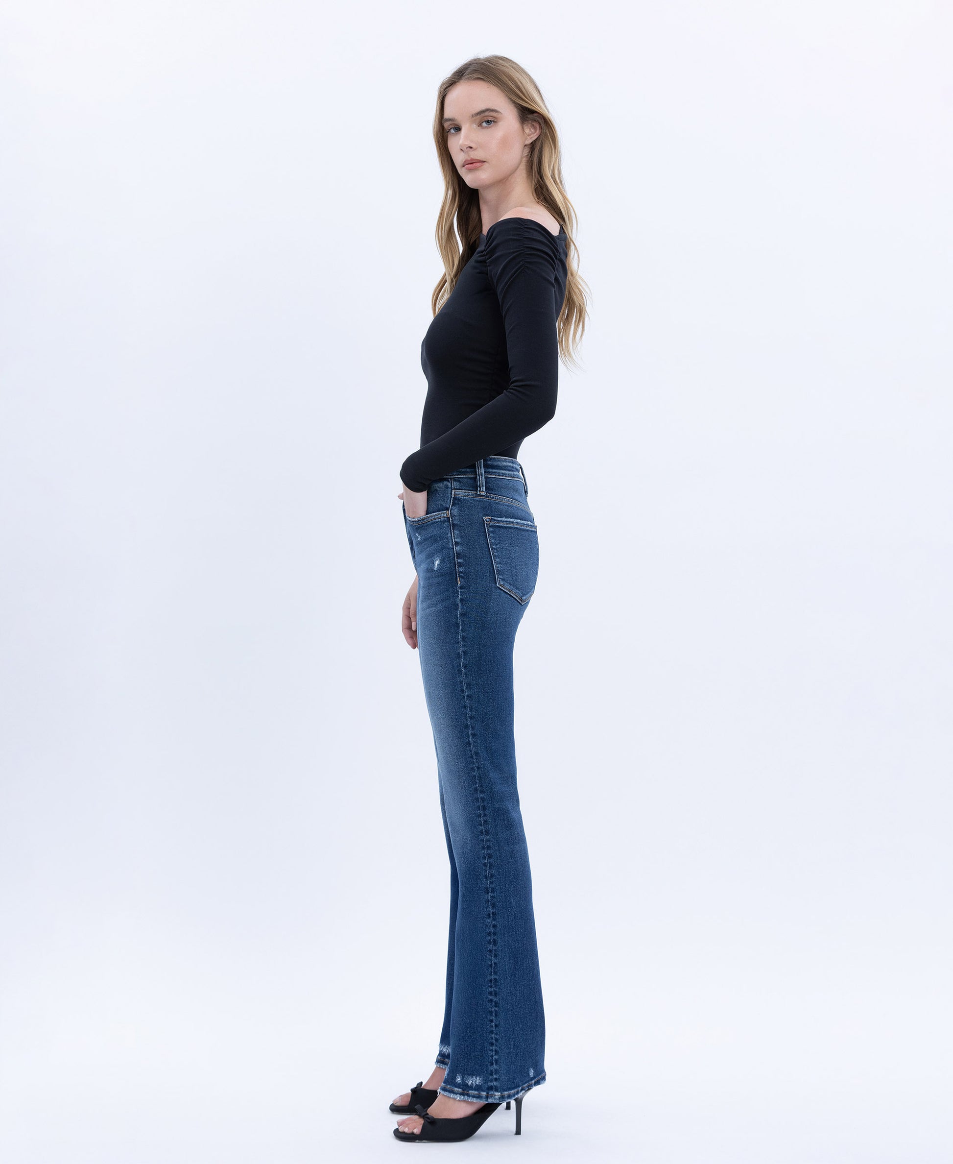 Left side product images of Elegant Jewel - High Rise Full Length Bootcut Jeans