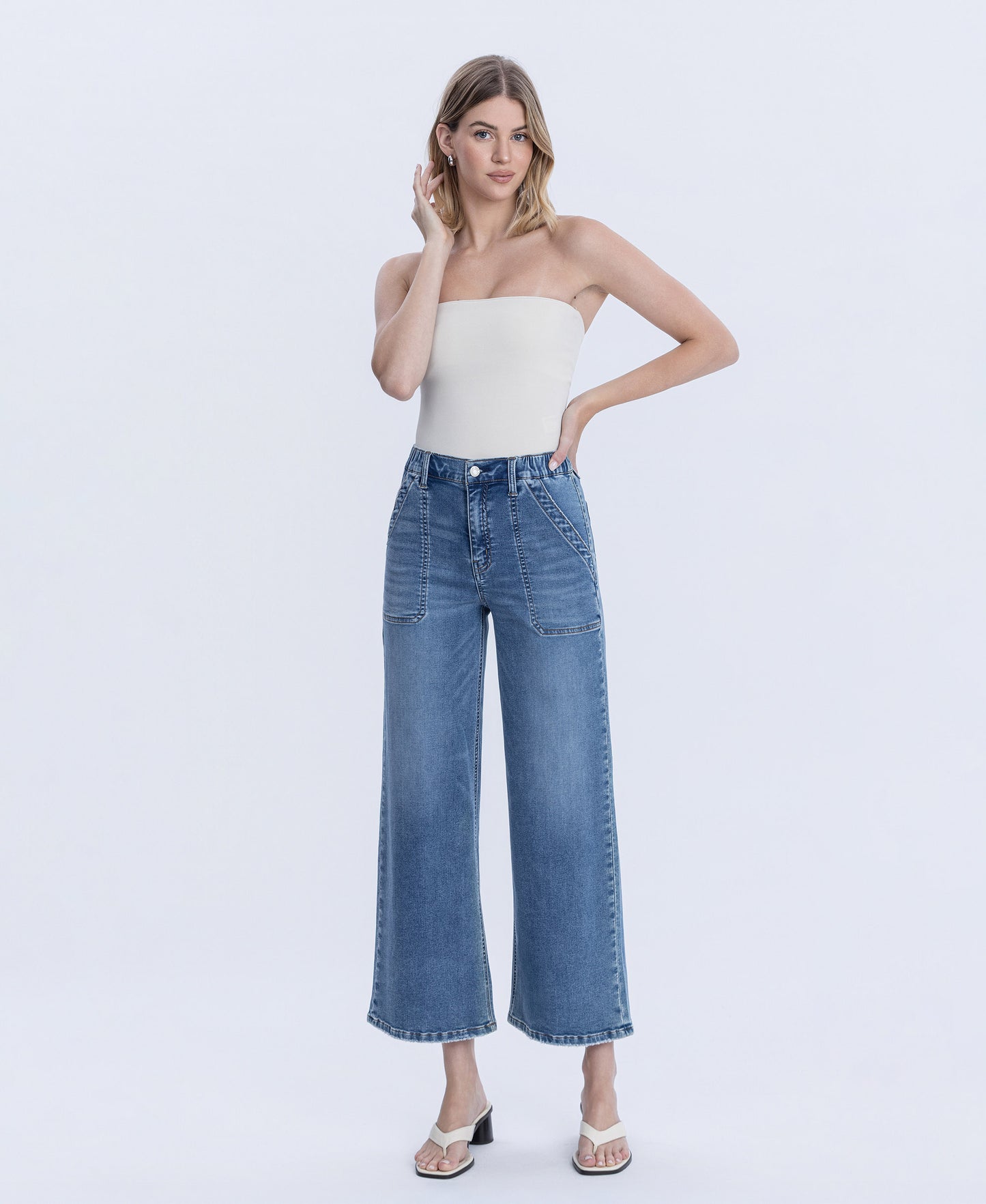 Front product images of Serendipity Light - High Rise Elastic Waistband Ankle Baggy Wide Leg Jeans